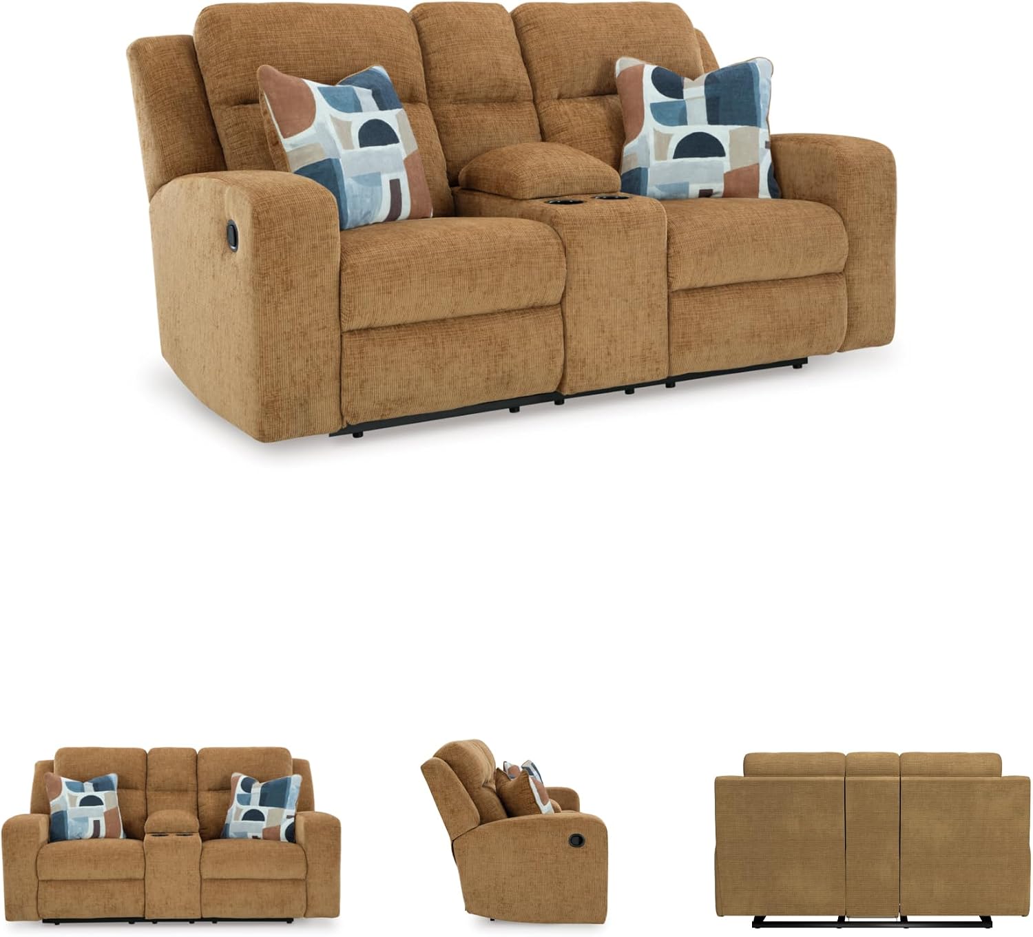 Signature Design by Ashley Kanlow Contemporary Manual Double Reclining Loveseat with Console, Storage, Cup Holders and 2 Accent Pillows, Light Brown