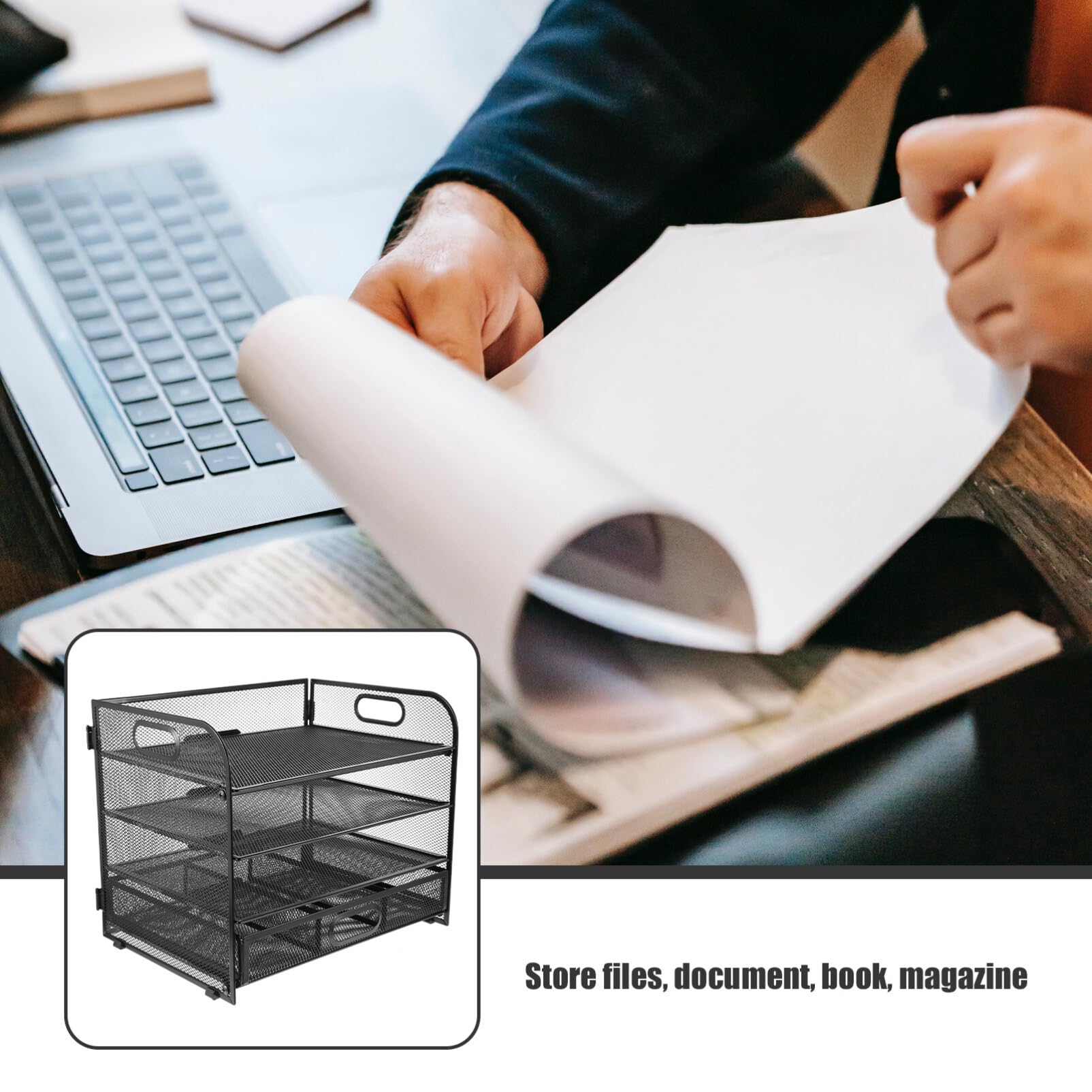 Organizzatore Documenti da Scrivania a 4 Livelli in Ferro Nero | Design Cassetto, Acciaio al Carbonio, Stile Minimale e Semplice, per Archiviazione Ordinata dei Fogli