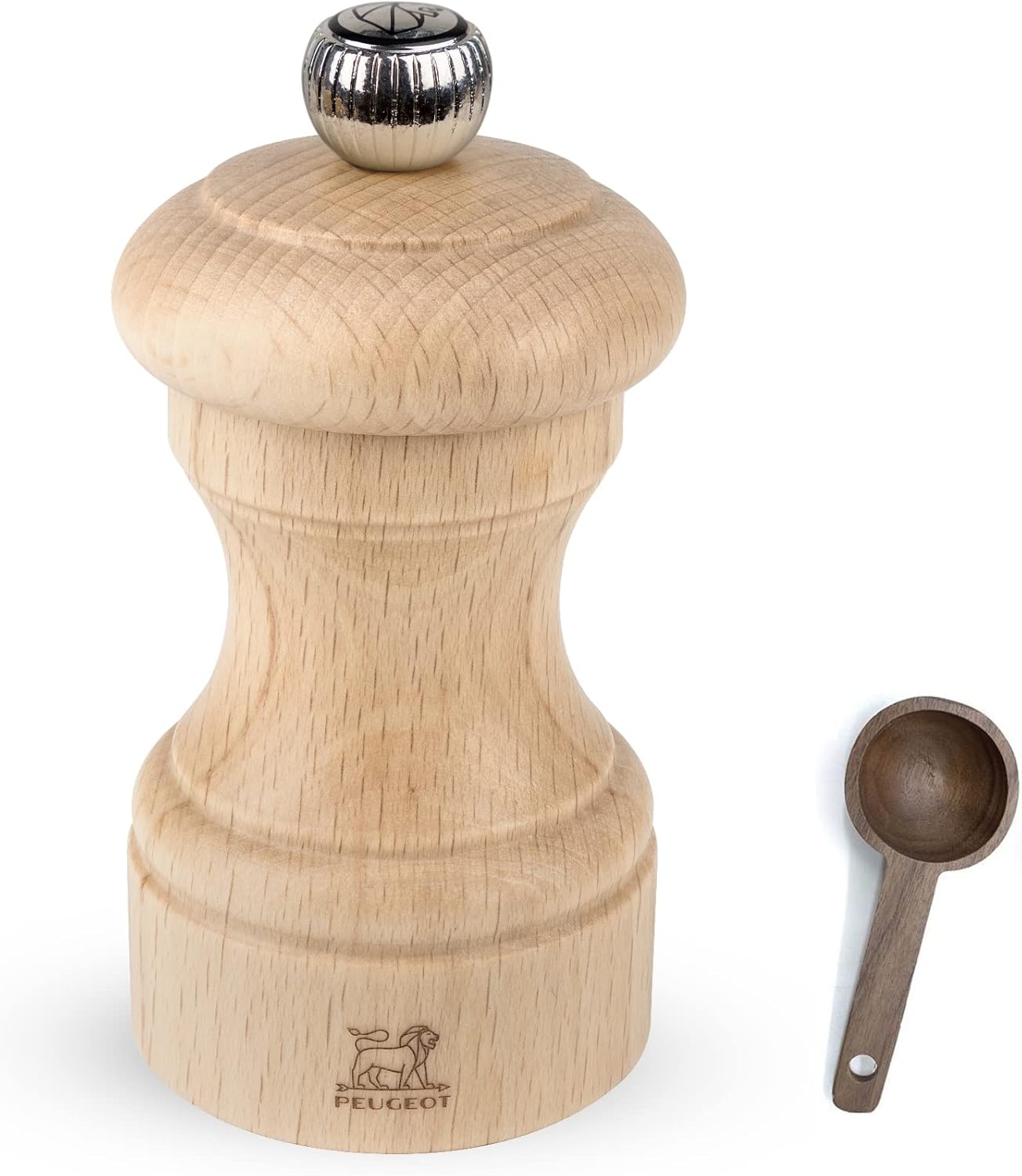 Peugeot Bistro Manual Pepper Mill, Natural Wood 10 cm - 4in - With Wooden Spice Scoop