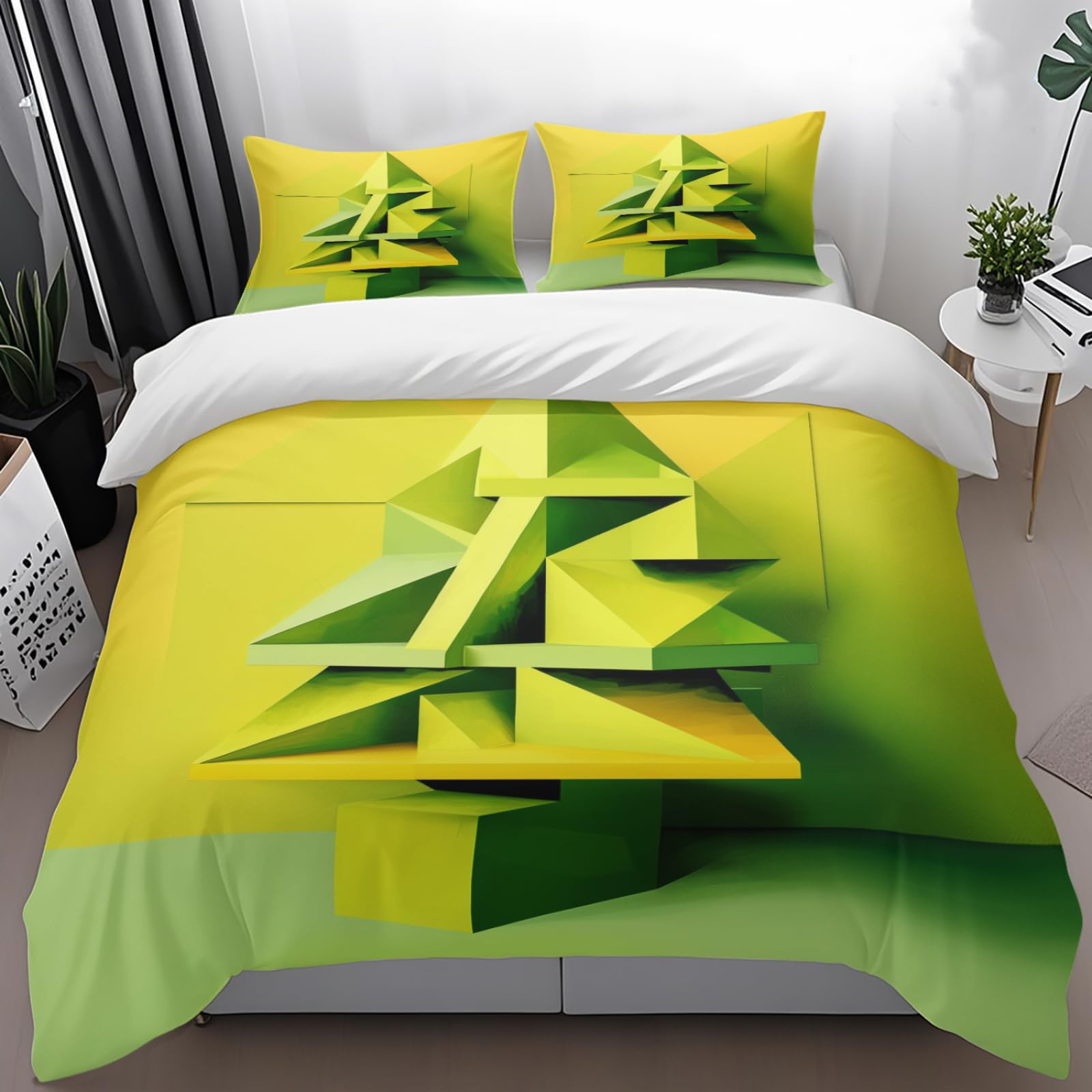 Parure de lit 240 x 260 triangle jaune en microfibre avec 2 taies d'oreiller