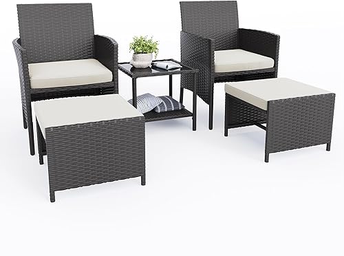 UDPATIO Muebles de exterior sillas de patio con otomana, ideal para balcón, porche, juego de muebles de patio de 5 piezas con mesa auxiliar para