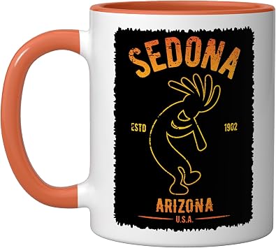 Sedona Arizona Dancing Kokopelli Souvenir Distressed Design Ceramic Mug, Orange/White, 11oz