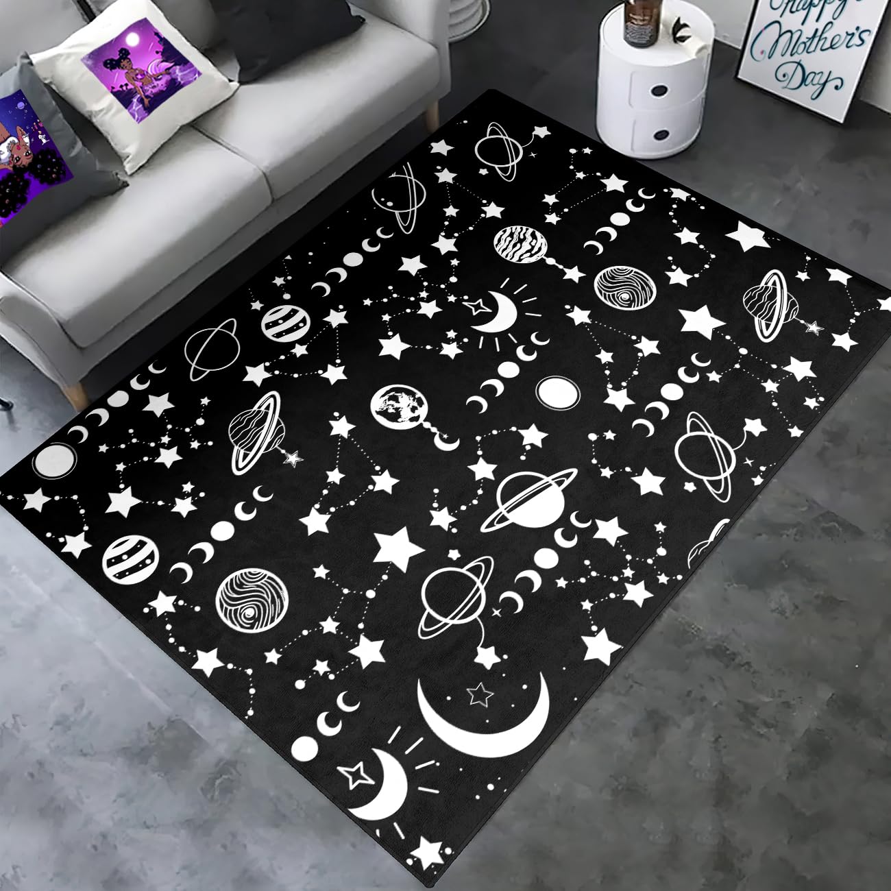 Galaxy Area Rug - Stars and Moon Starry Sky Rugs for Bedroom and Living Room Solar System Planet Constellation Carpet Universe Space Black and White