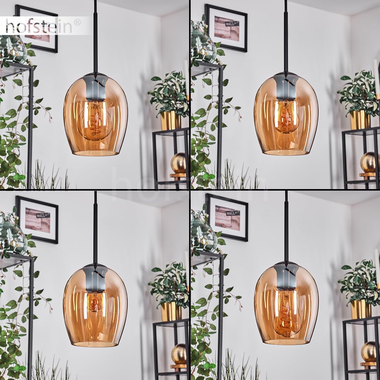 Pendelleuchte Vevino, Pendellampe aus Metall/Glas in Schwarz/Bernsteinfarben, Leuchte im modernen Retro/Vintage-Design mit Schirmen aus Glas (Ø 15 cm), Höhe max. 150 cm, 3 x E27, ohne Leuchtmittel