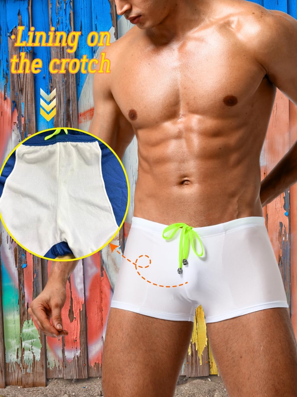 Men's Bright Color Swim Trunks, Sexy Stretch Swimwear, Drawsting Low-Rise Square-Leg - Image 5