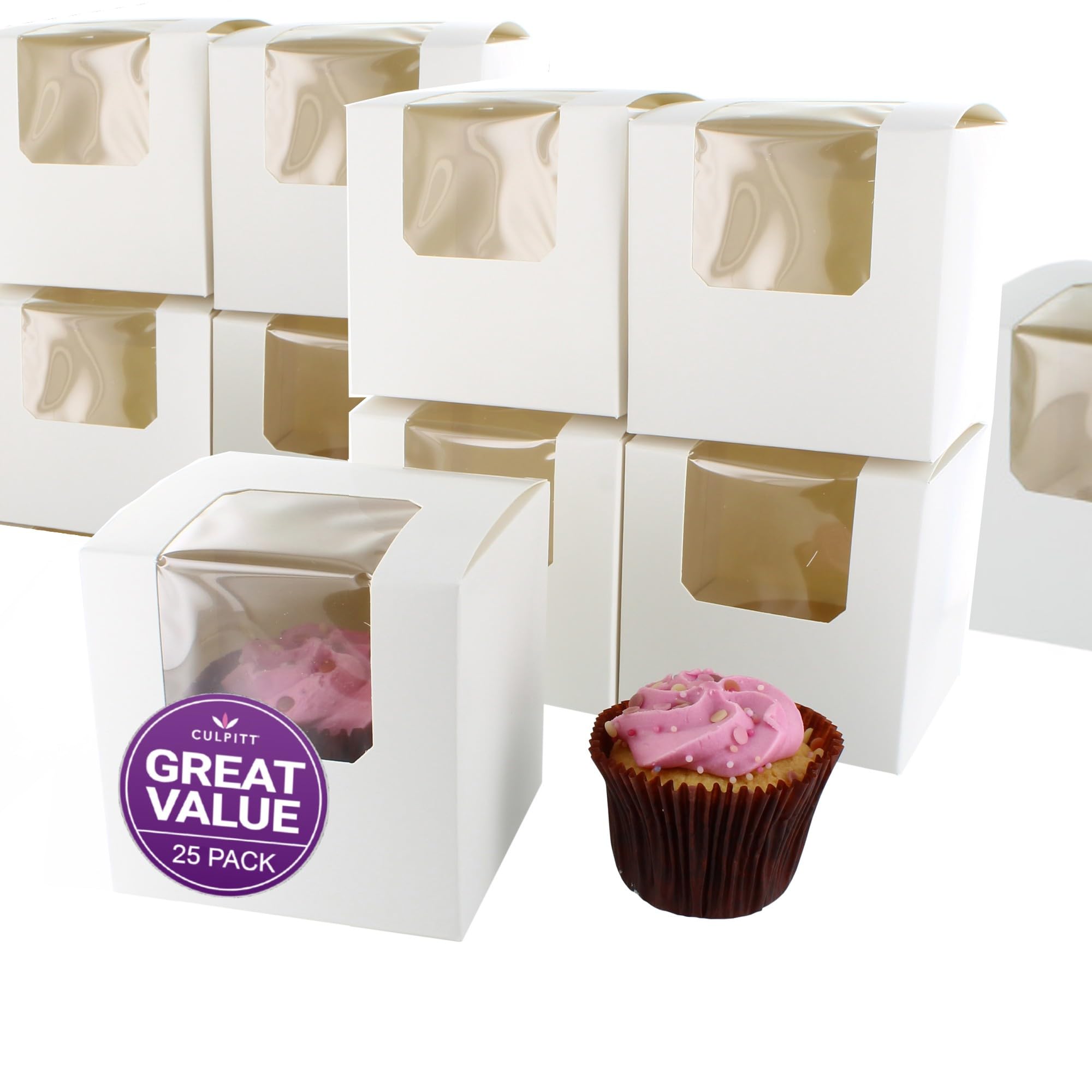Culpitt 25 x Single Cupcake Boxes | White Cupcake Boxes For Carrying And Displaying Tasty Muffins, Fairy Cakes, Treats