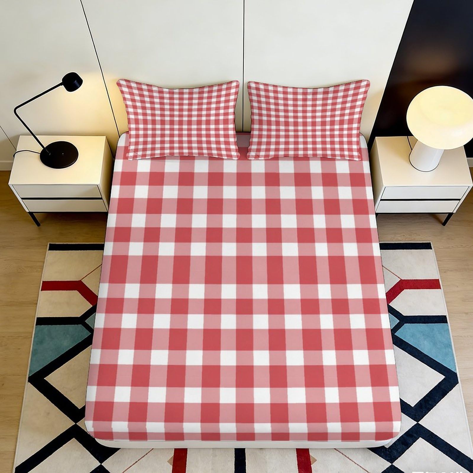 3D Printed Red Plaid Fitted Sheet Microfiber Soft Breathable Gingham Bed Cover for Bedroom Guest Room Decor 90x200x25cm