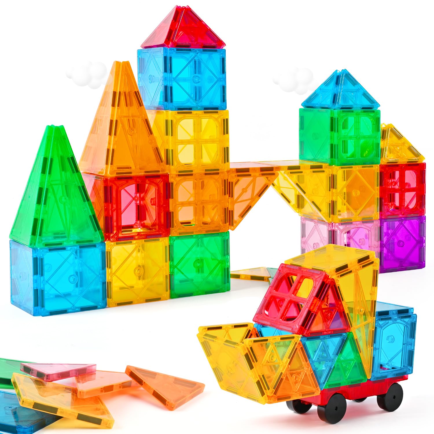 CUIOLTOY Bloques Magneticos Construccion Niños, 50 Piezas Magneticas Construcciones Coloridos para Niños de 3 4 5 años Juguetes Magnéticos con 1 Automóvil Regalo de Cumpleaños
