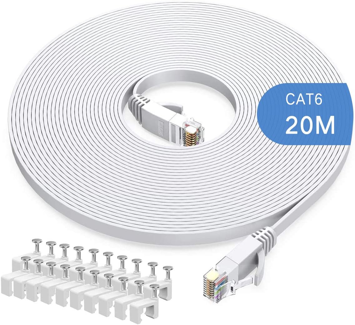 20m Cat6 Ethernet Cable, Long Internet Cables High-Speed Patch Cord Flat Design 1Gbps for 250Mhz/s UTP for Console, PS3, PS4, PS5, Switch, Router, Modem, Patch Panel, PC, TV, Home Office