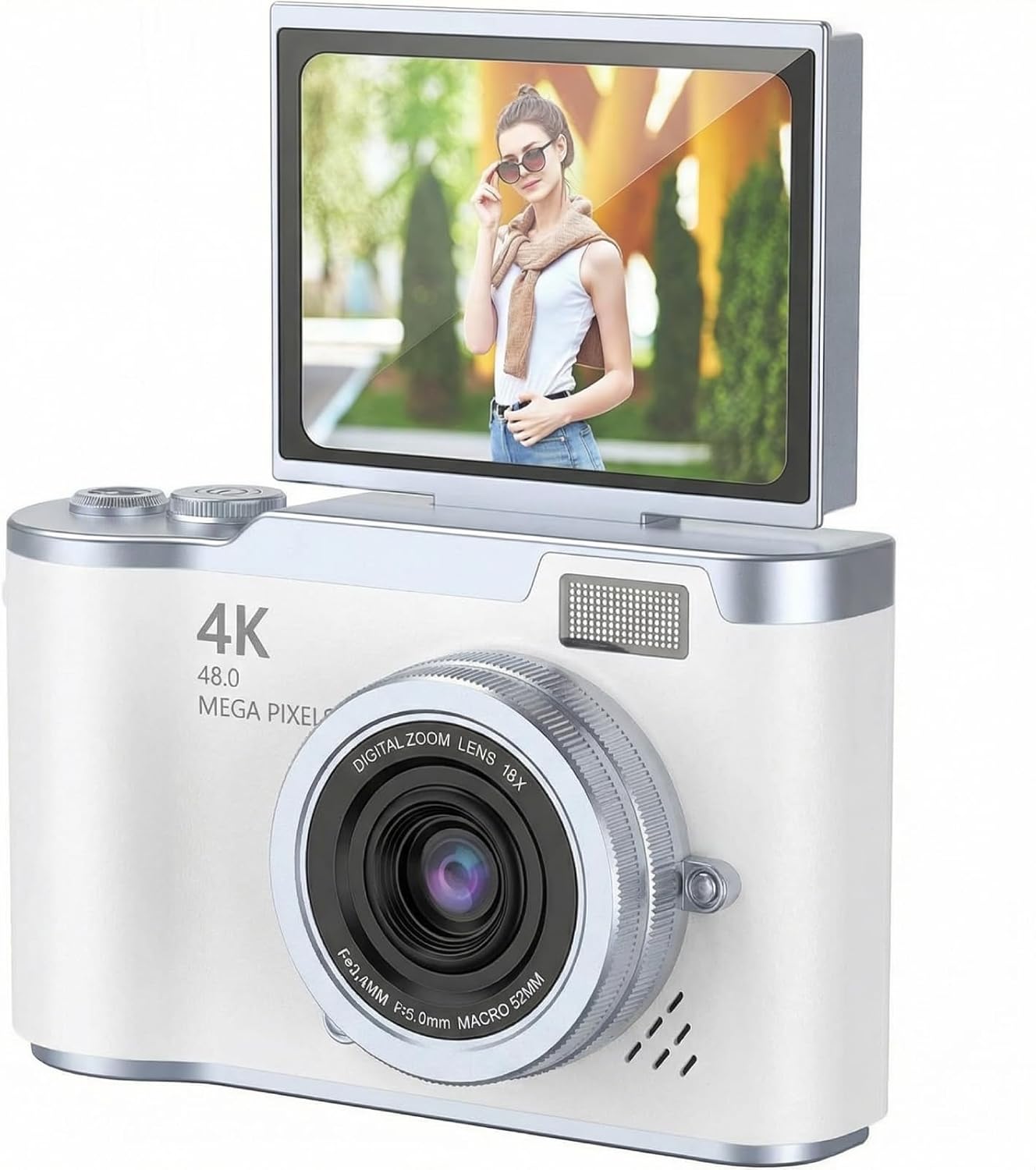 Bewinner 1080P Digital Camera for Photography 48MP Vlogging Camera with 2.4 Inch Flip Screen 18x Digital Zoom Autofocus Compact Travel Cameras for Beginners White