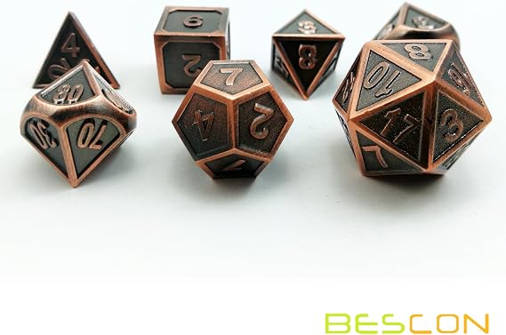 Bescon Antique Copper Solid Metal Polyhedral Dice Set of 7 Copper Metallic RPG Role Playing Game Dice 7pcs Set D4-D20