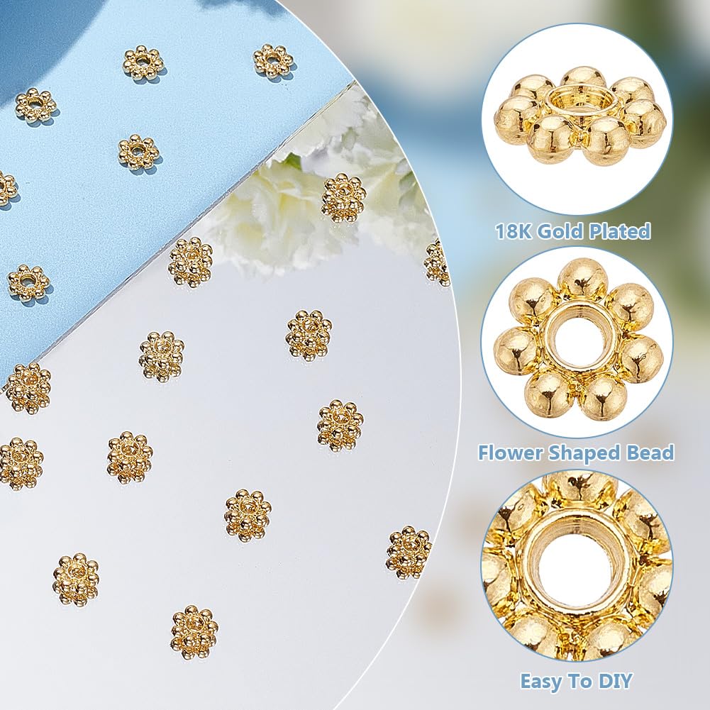 GOMAKERER 100pcs Perles D'Espacement Fleur 5.5mm, Véritables Perles Granulées Plaquées Or 18K En Alliage Perles D'Espacement Florales Rondes Et Plates En Métal Pour La Fabrication De Bijoux, Bricolage