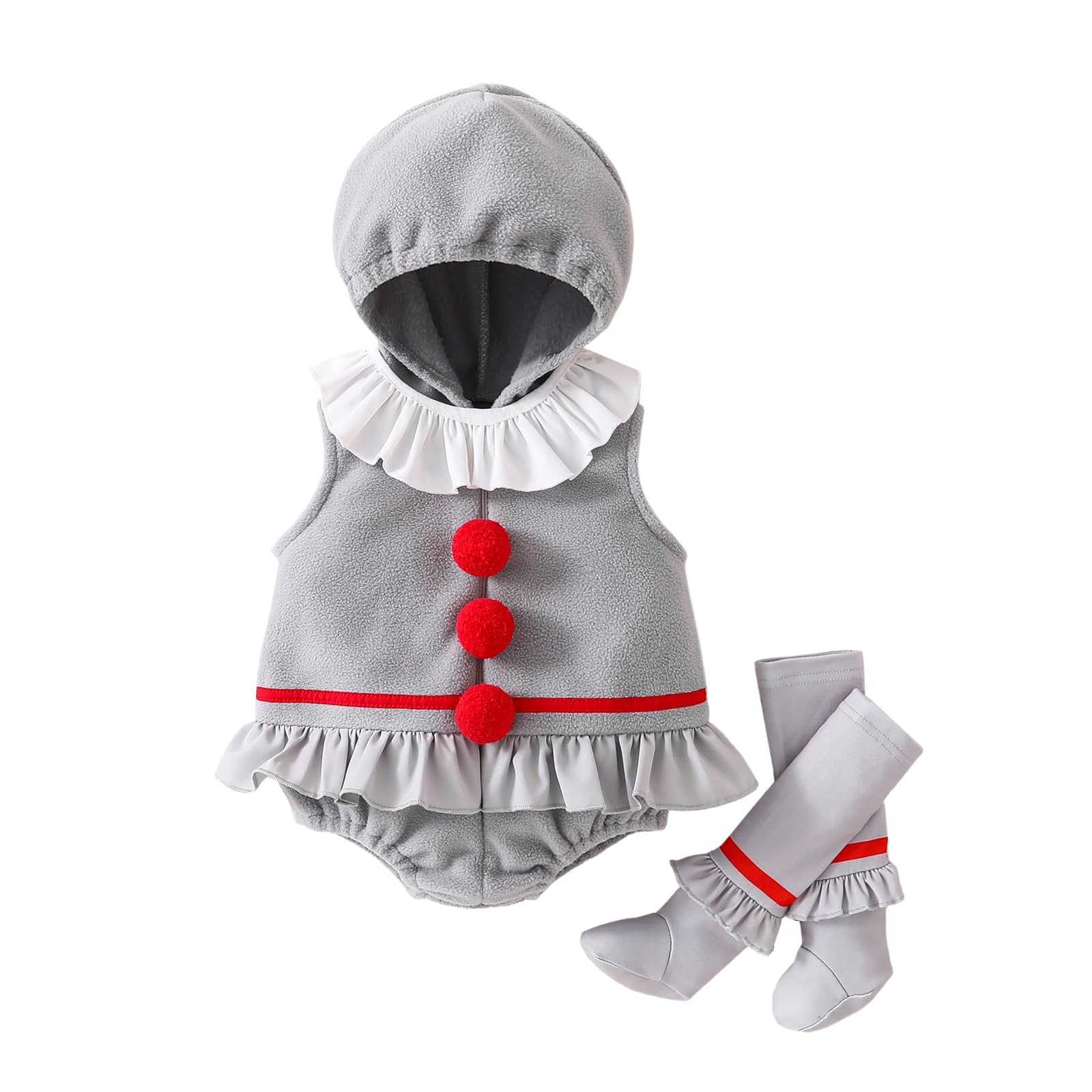 ensswliz Baby Halloween Clown Cute Costume Sleeveless Hooded Zip Up Romper with Striped Long Socks for Cospaly (A-Gray, 0-3 Months) — image 1