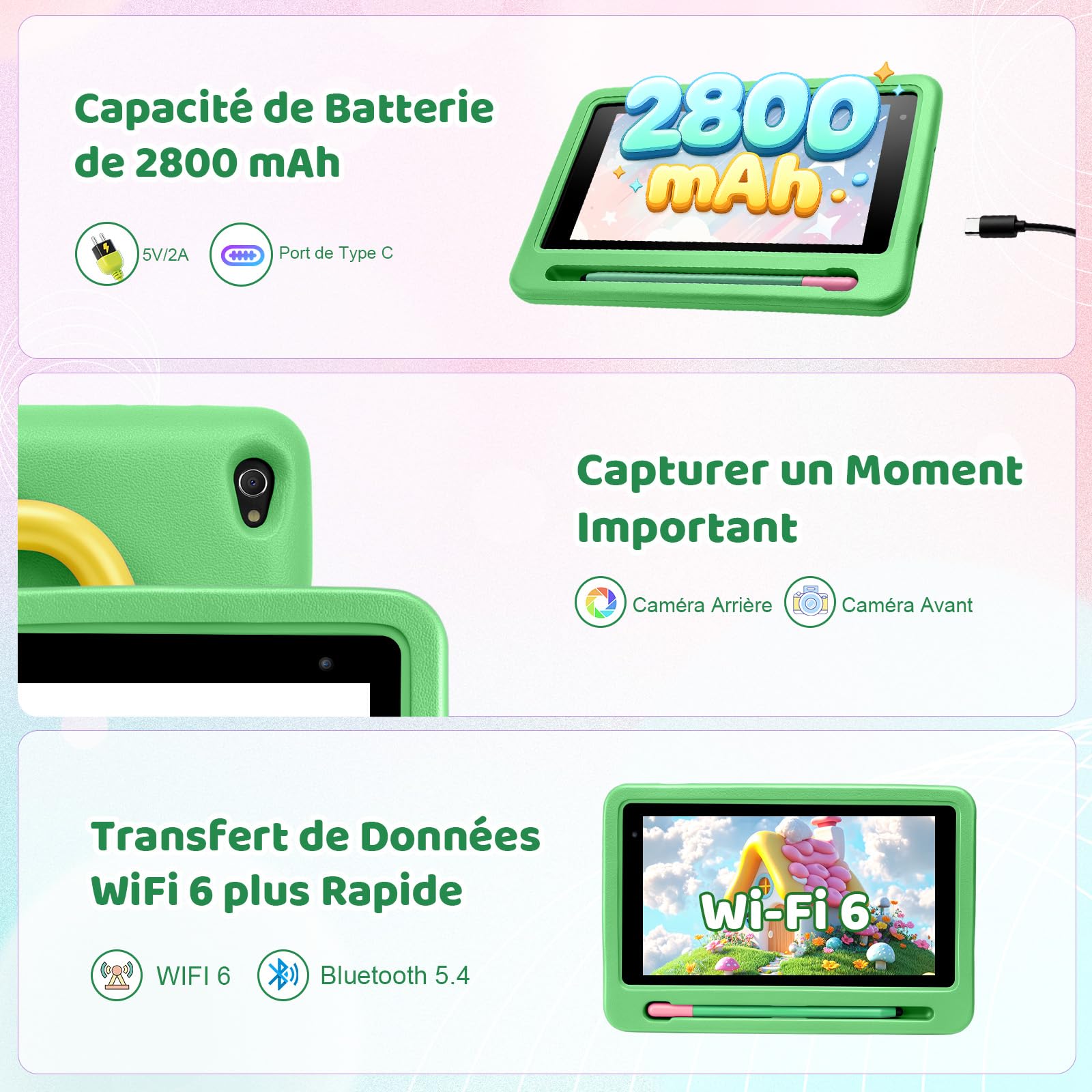 Android 16 Tablette Enfants 7 Pouces, 24Go RAM 128Go ROM (TF 1To), 5G WiFi Tablette Tactile, Double Caméra HD, Widevine L1/Contrôle Parental/BT 5.4 Tablettes avec étui EVA, Vert