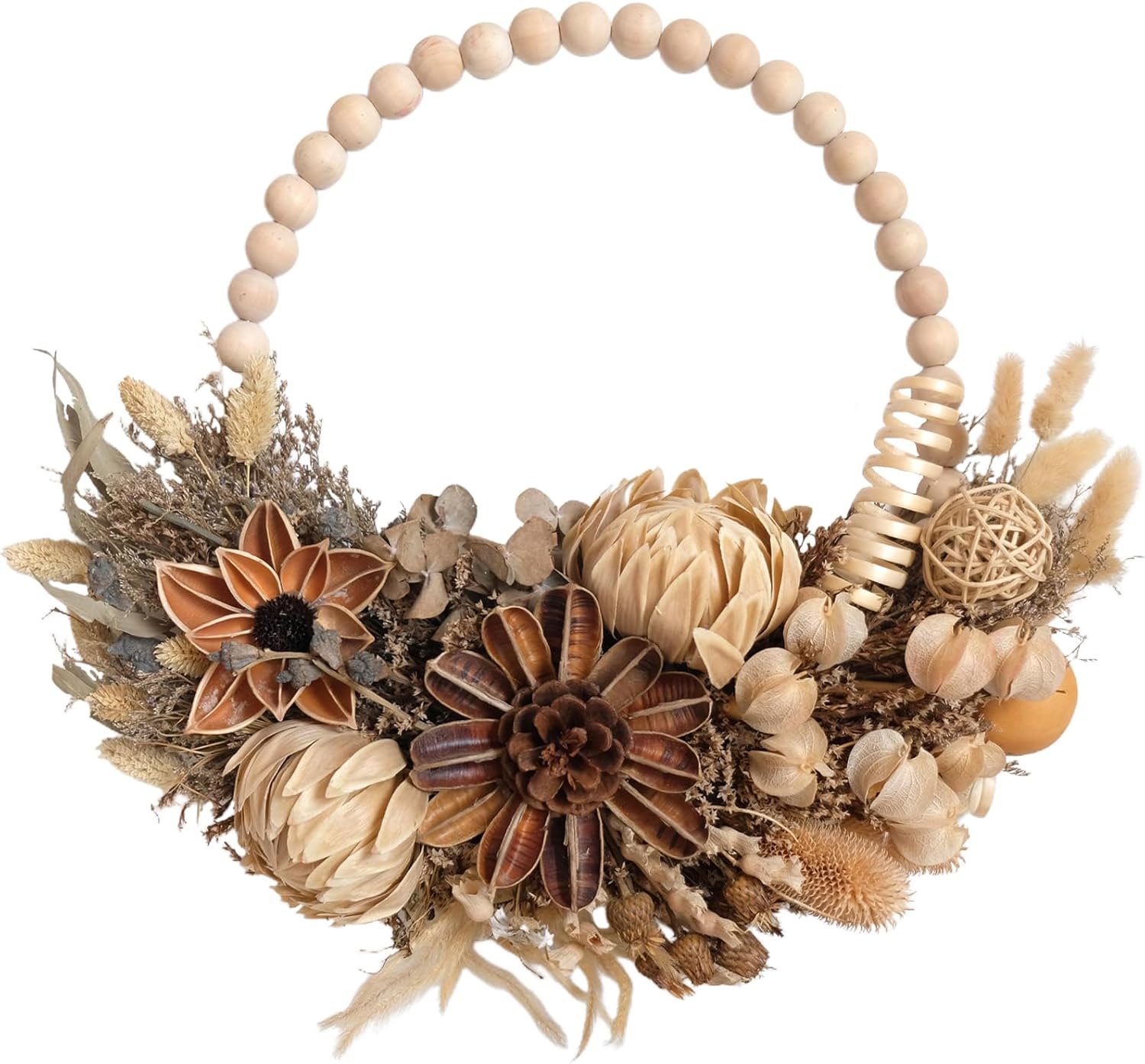 16 Inches idyllic Wood Bead Golden Lotus Wreaths for Front Door, Farmhouse Fall Harvest Thanksgiving Wreath, Fall Wall Kitchen Cabinet Decorations, Lantana