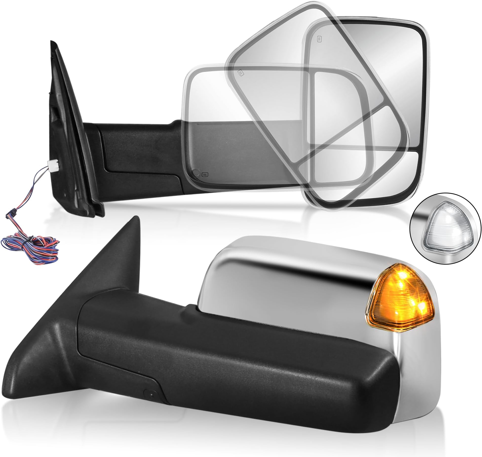Chrome Heated Power Tow Mirrors For 1998-2002 Dodge Ram – LED Turn Signal & Running Light