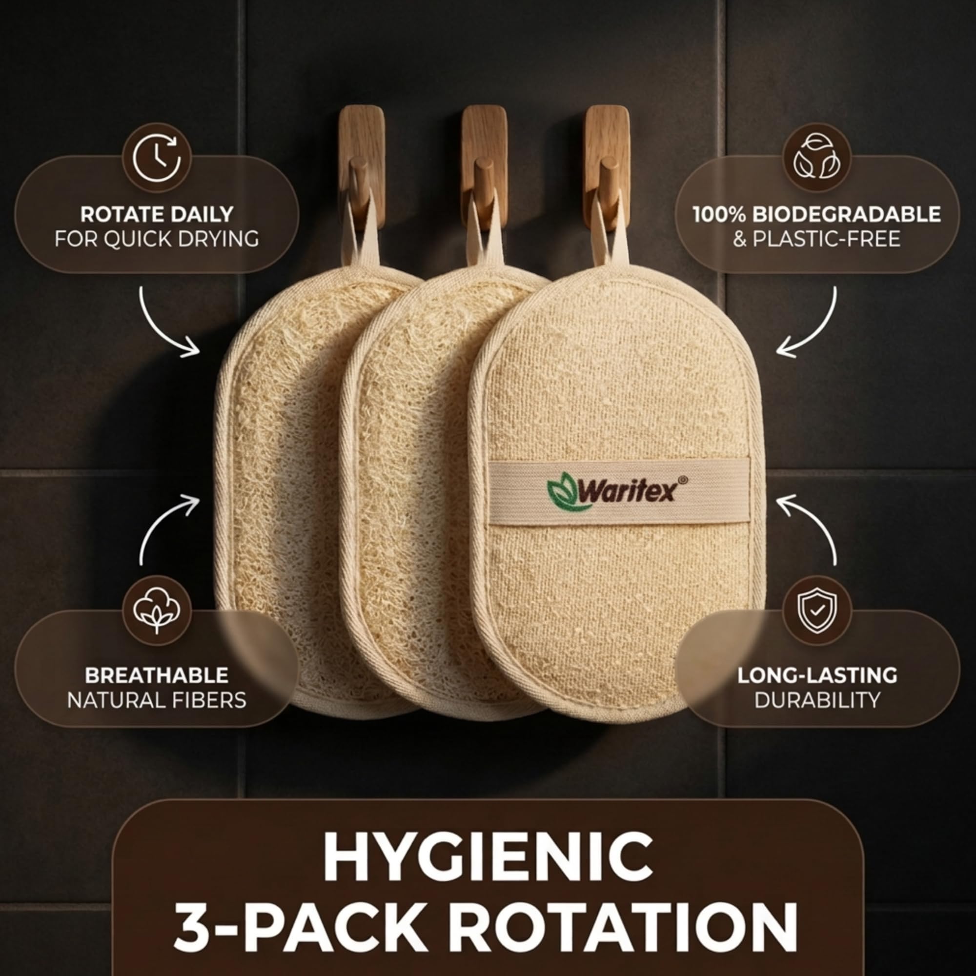 LOOFAH egipcio natural, forma ovalada, esponja exfoliante 100% orgánica con correa de mano, limpiador de baño ecológico para una piel suave y brillante (3)