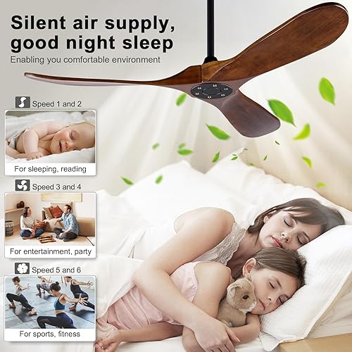 Miniatura 4 de Ventilador de techo de madera moderno de 42 pulgadas, 3 cuchillas, nogal oscuro y negro, control remoto, motor de CC reversible, 6 velocidades,