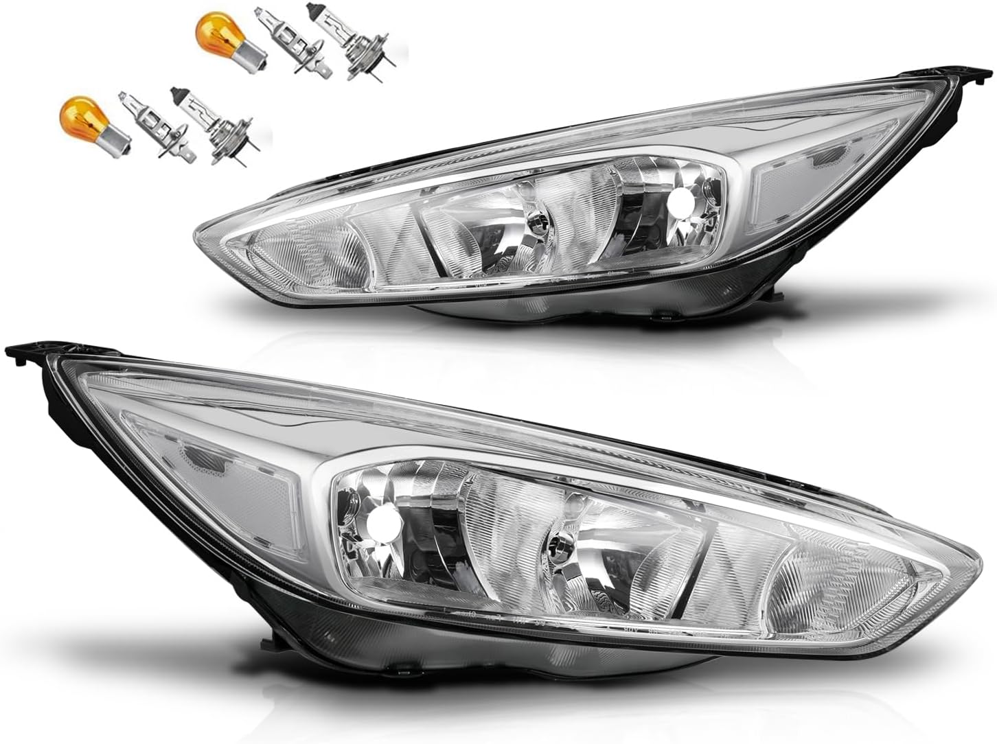 Headlights Assembly compatible with 2015-2018 Ford Focus ST/SE/S Halogen Head lights Headlamp Pair w/Bulb, Chrome Housing clear Corner Halogen Style