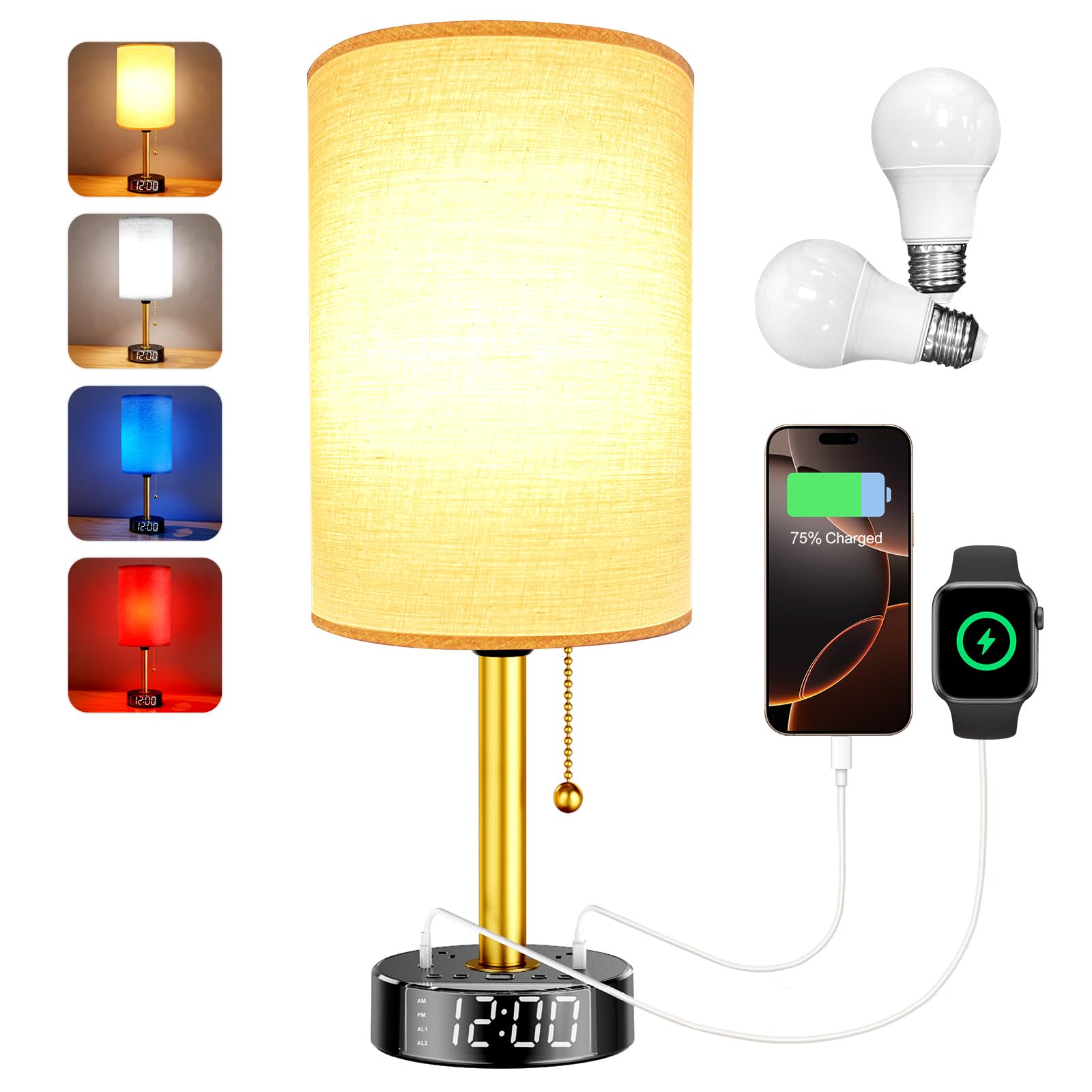 Lampada da comodino per camera da letto, lampada da tavolo con porte USB A e USB C di ricarica rapida e 2 prese di alimentazione CA, base sveglia, paralume rotondo in tessuto nero, lampada da comodino