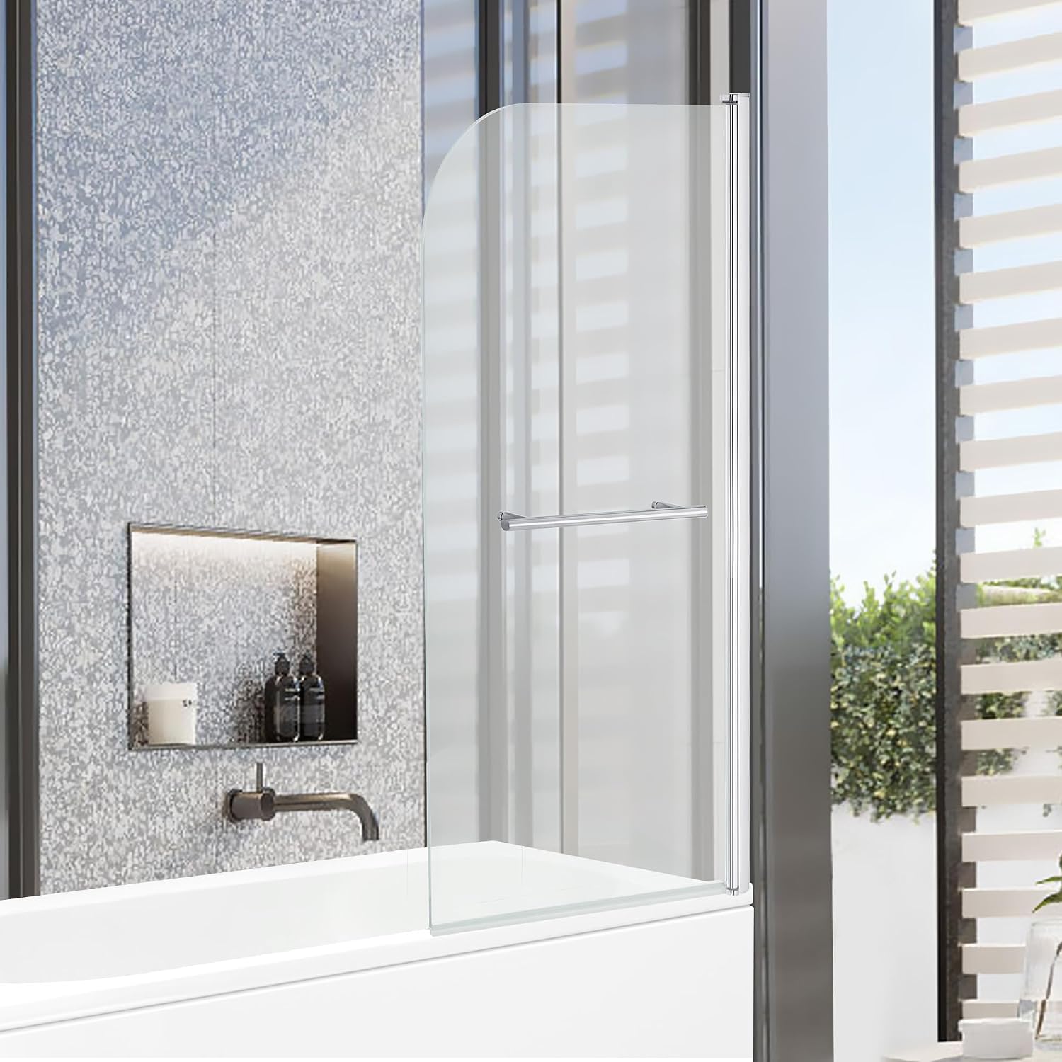 VeeBath RST035 Jade 6mm Curved Edge Toughened Safety Glass Bath Screen Panel with Towel Rail Shower Chrome – 1400x800mm