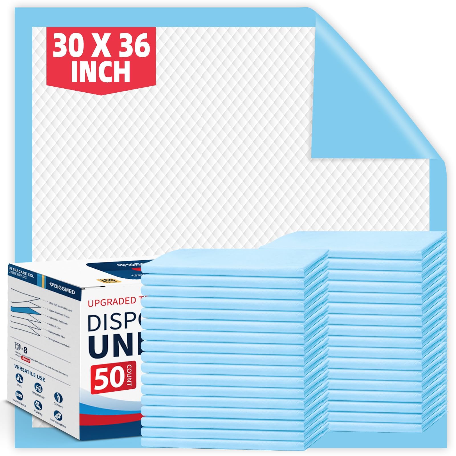 BIGGMED Almohadillas de cama desechables resistentes al desgarro de 30 x 36 pulgadas, 50 unidades, almohadillas absorbentes Chux más gruesas para incontinencia, almohadillas para orina para adultos