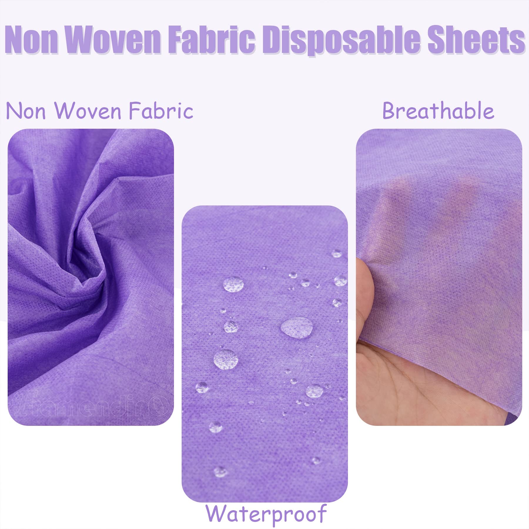 Framendino, Paquete de 50 sábanas desechables moradas para mesa de masaje, tela no tejida, transpirable, para silla de salón de belleza, camas de pestañas de hotel, 31 x 70 pulgadas