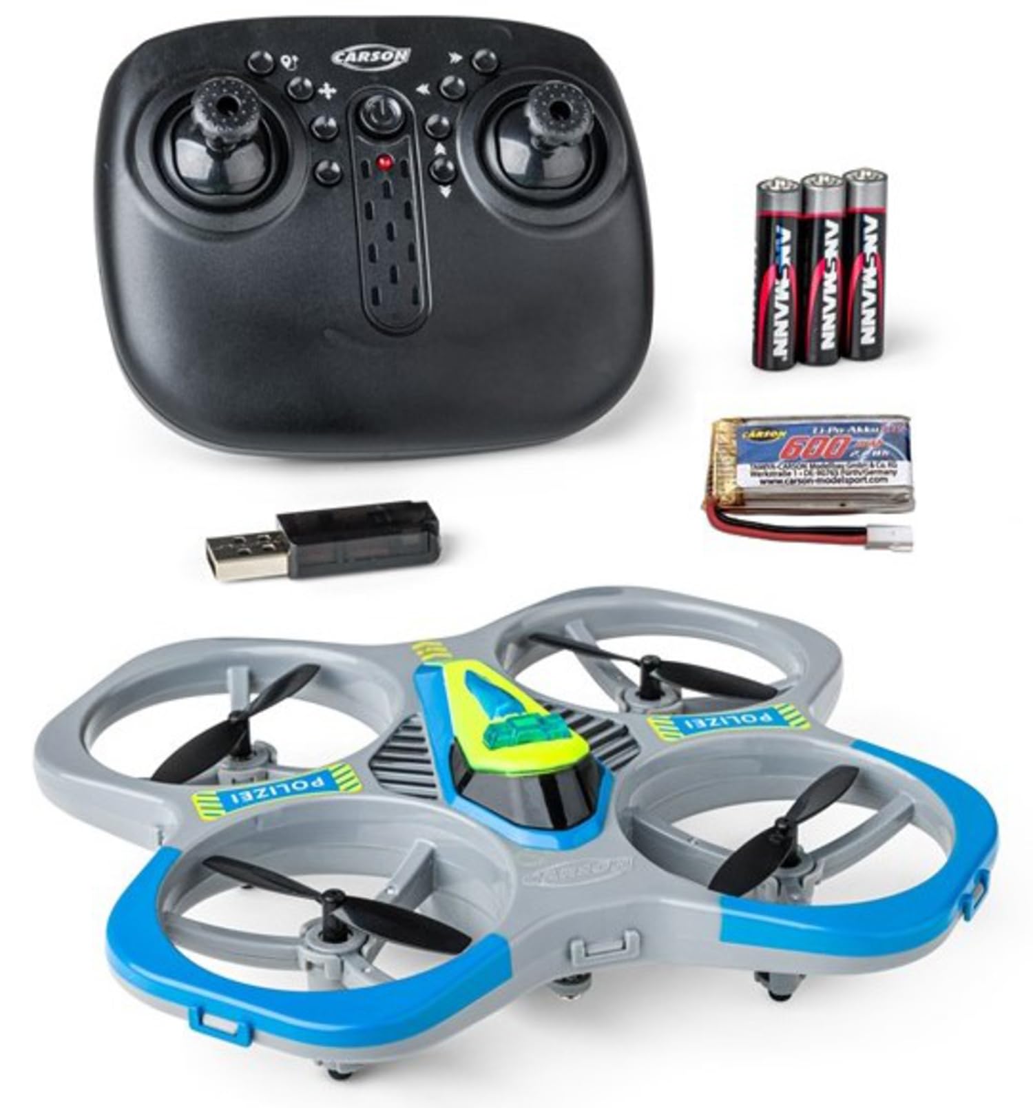 Carson Cyber Drone Police 2,4 GHz 100% RTF - 100% gotowy do lotu, sterowany radiowo; RC, w tym baterie i pilot, quadkopter dla dzieci, zabawka