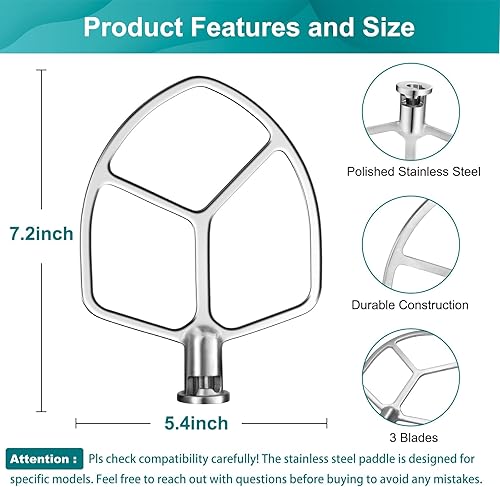 Miniatura 3 de Batidor plano compatible con KitchenAid de 5 a 6 cuartos de galón, batidora de soporte de elevación de tazón airkitrep de acero inoxidable pulido,