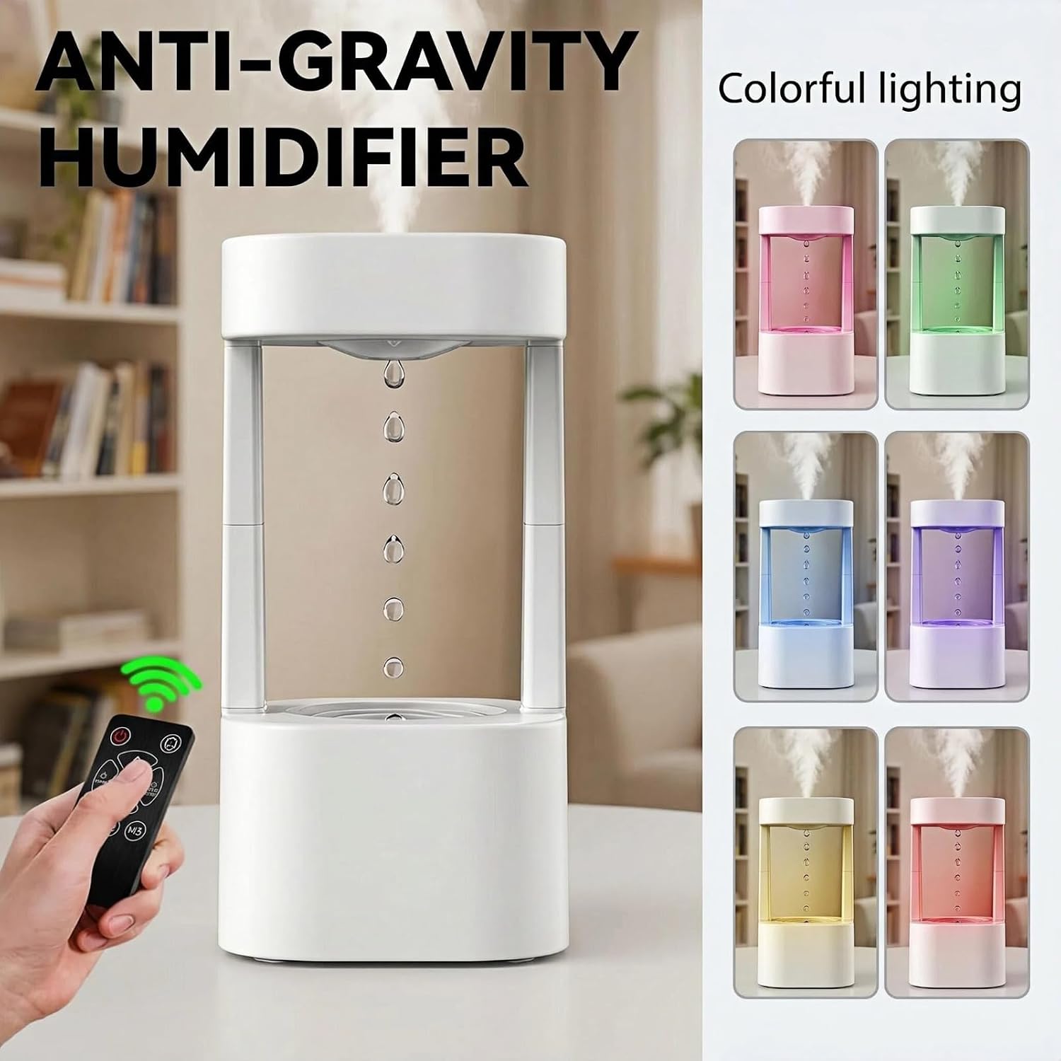 Anti Gravity Humidifier, Levitating Desk Fountain with 7-Color Mood Light & Raindrop Water Effect, 3-in-1 Mini Indoor Water Feature for Home Office Bedroom
