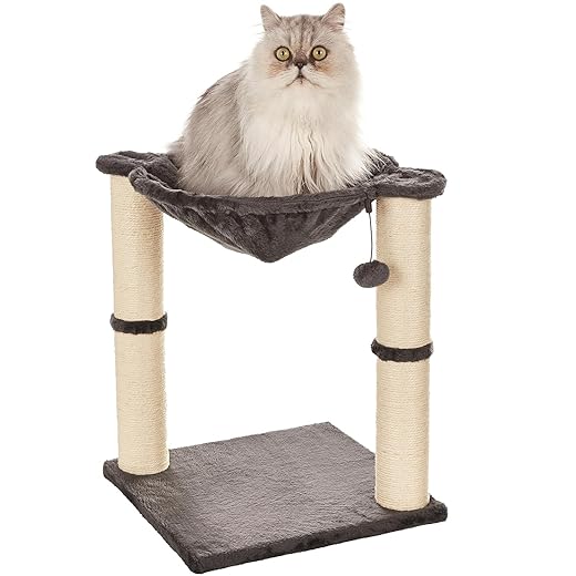 Amazon Basics Cat Condo Tower with Hammock Bed and Scratching Post,Easy to Assemble,Plush Hammock,Interactive Hanging Ball, Durable Sisal Scratch Posts for Indoor Cats, 15.8 x 15.8 x 19.7 Inches, Gray