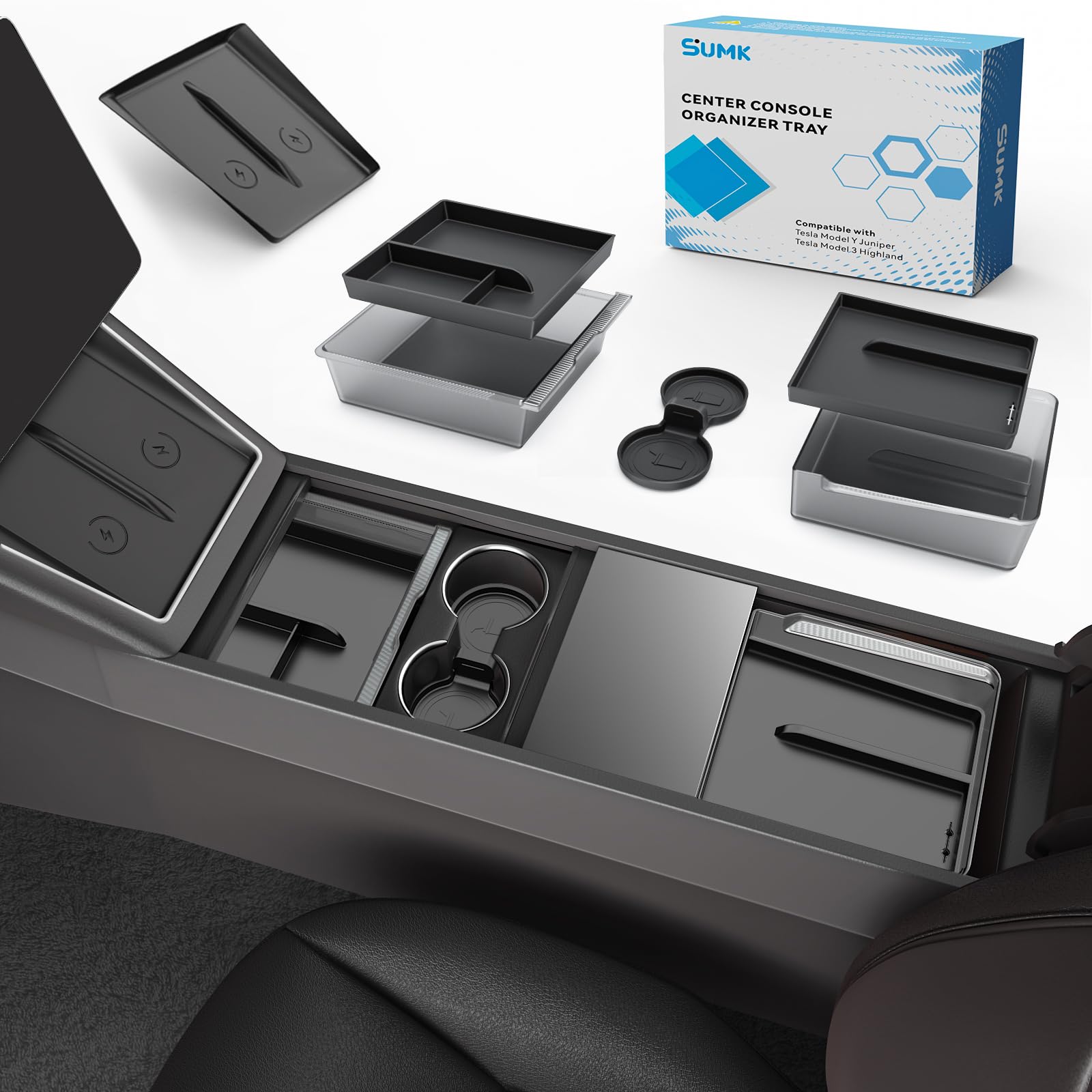 Photo 1 of SUMK Center Console Organizer Tray for Tesla Model Y Juniper 2025 2026 (Premium & Performance) & Model 3 Highland, PC Material & Silent Silicone Armrest Storage Box Wireless Charging Pad Cup Holder