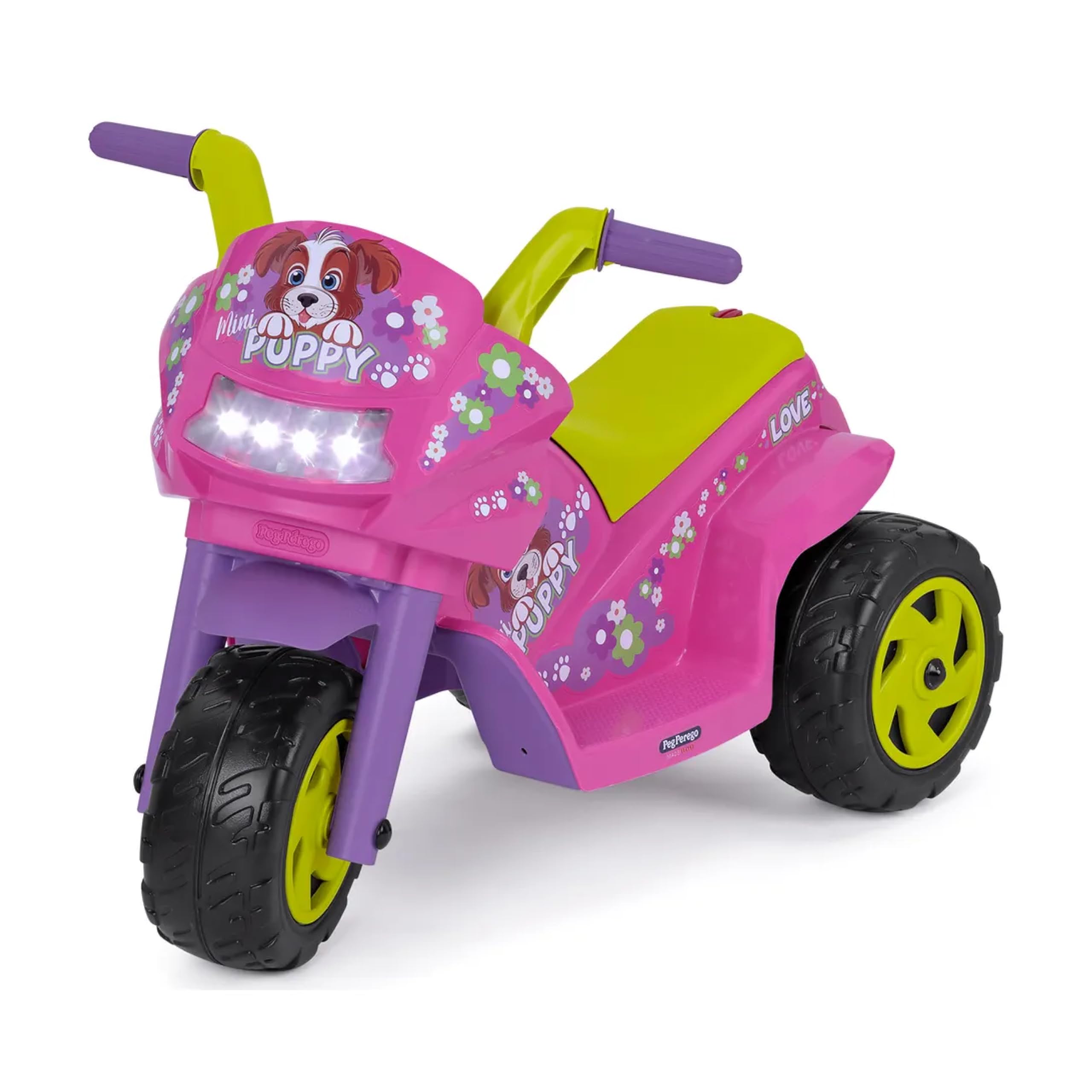 PEG Mini Puppy Moto Électrique pour Enfants dès 1 an, Batterie Rechargeable 6V, Phares LED, Klaxon et Musique, Vitesse 4 km/h, Deux Roues Motrices avec Profil