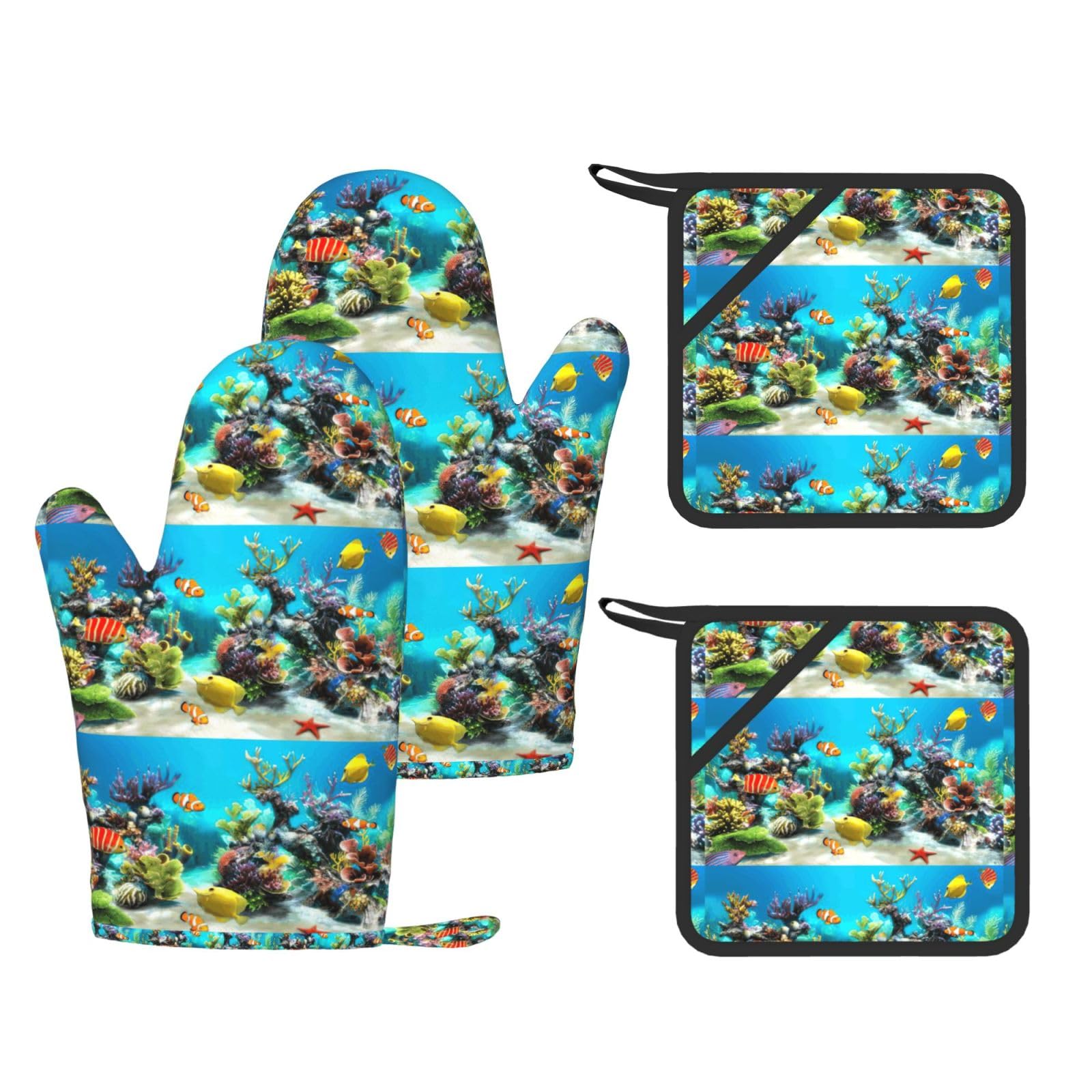 Tropical Fish Fashion Printed Kitchen Kit with Heat Resistant Oven Mitts & Non-Slip Hot Pads for Baking