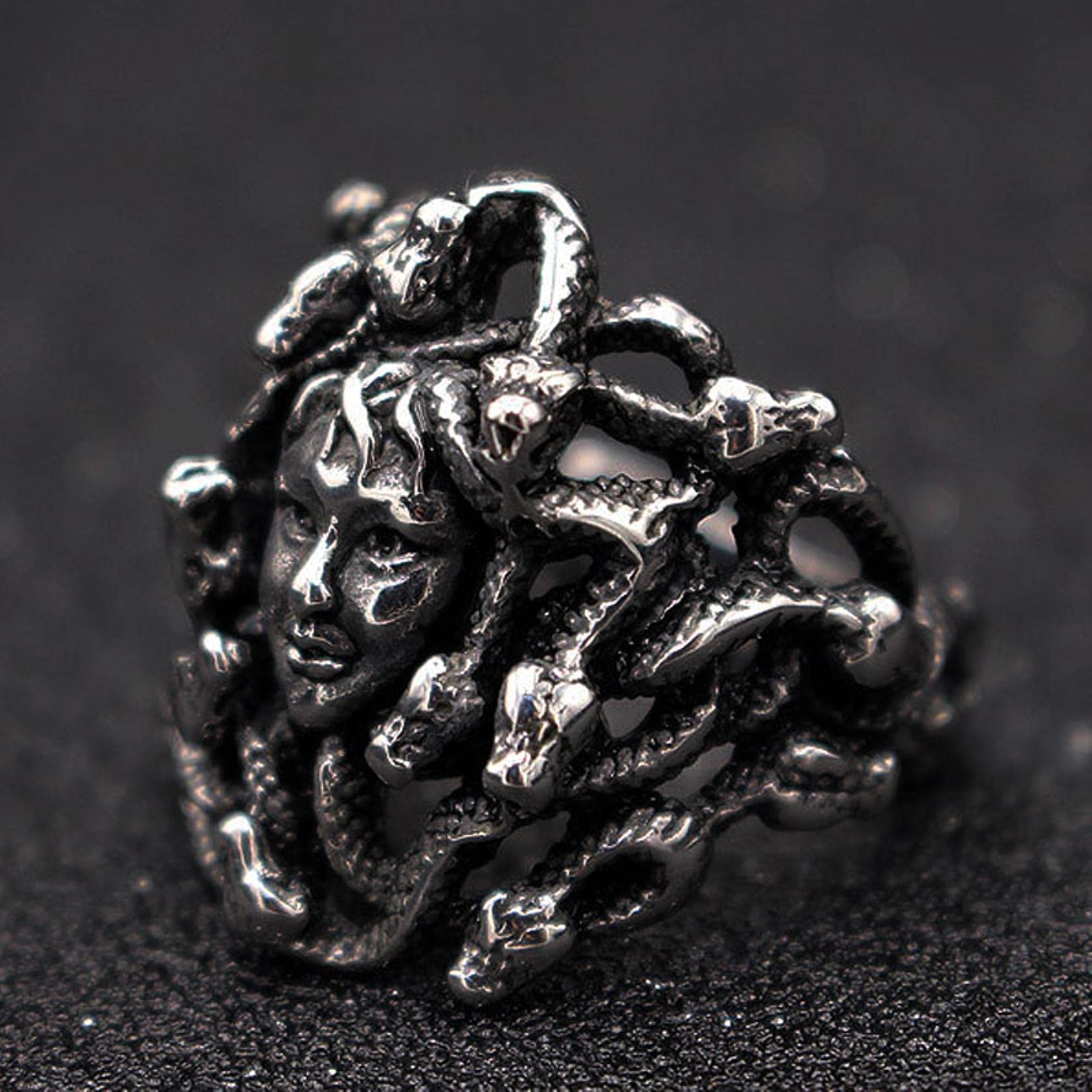 XJruixi Gothic Horror Venomous Snakes Snake Hair Medusa Ring Womens Stainless Steel Greek Mythology Medusa Ring Men's Punk Biker Ring