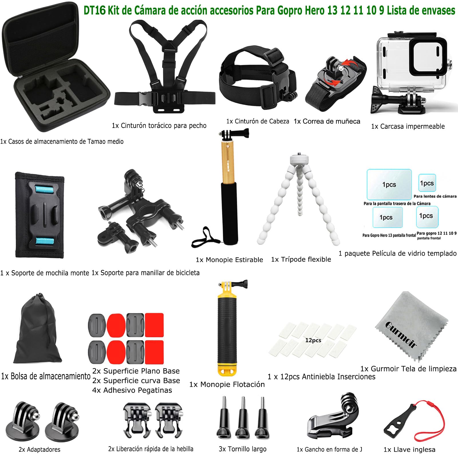 Kit de Accesorios Kit de Cámara de acción para Gopro 13 12 11 10 9 Cámara, Kit de Cámara de acción Paquete Compatible con Gopro Hero 13 12 11 10 9 (DT16)