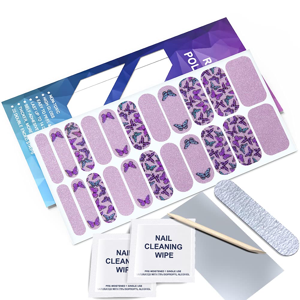 22 Strips Double Ended Nail Sticker Self-Adhesive for Color Polish Decal Design Manicure Kit with Cuticle Stick, Nail File & Wipes, Sealer by BELLEBOOST (Pearly Lilac & Pine Green Butterfly)