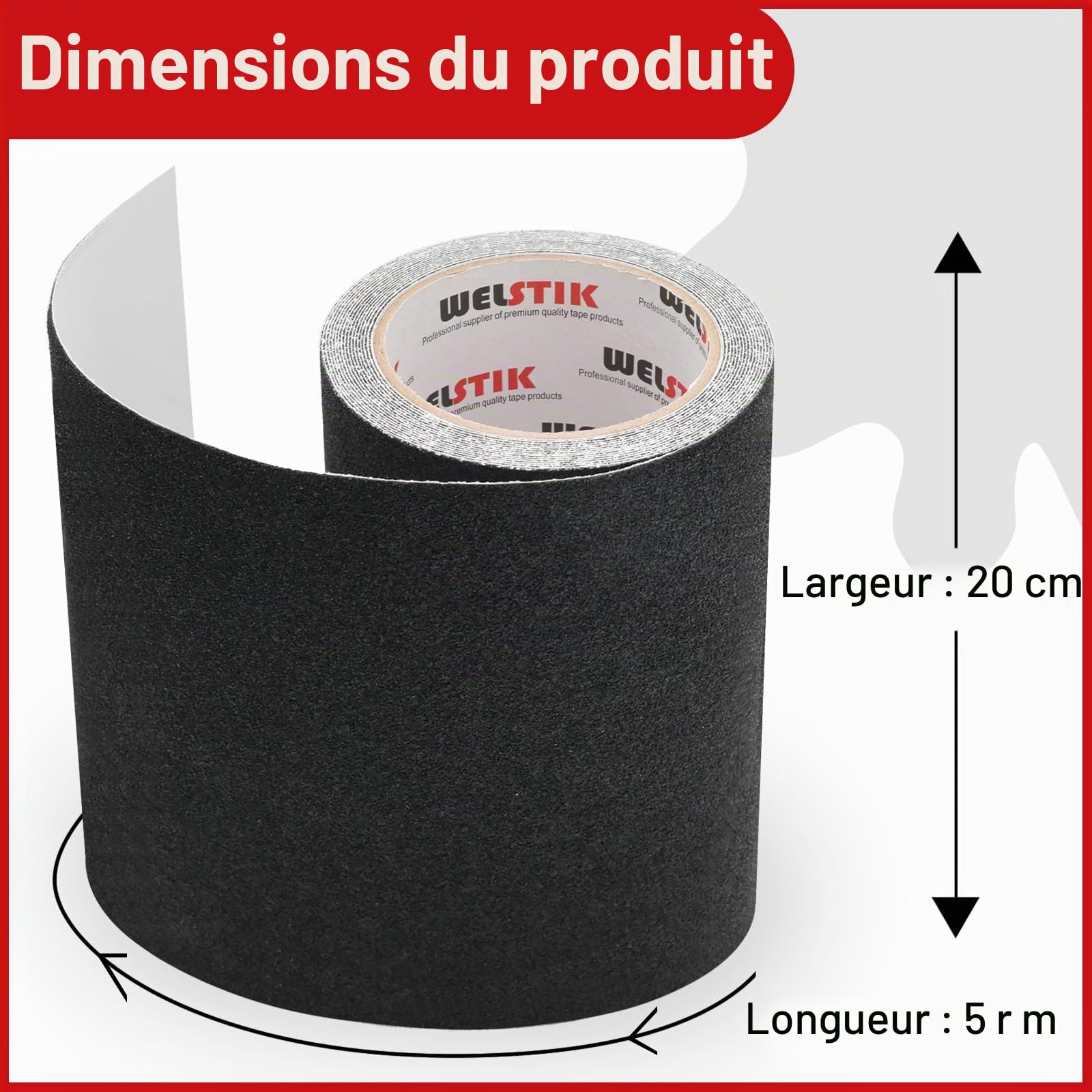 WELSTIK Bande adhésive antidérapante avec autocollant - 200 mm x 5 m - Pour marches d'escalier - Haute traction - Pour l'intérieur et l'extérieur - Imperméable - Noir