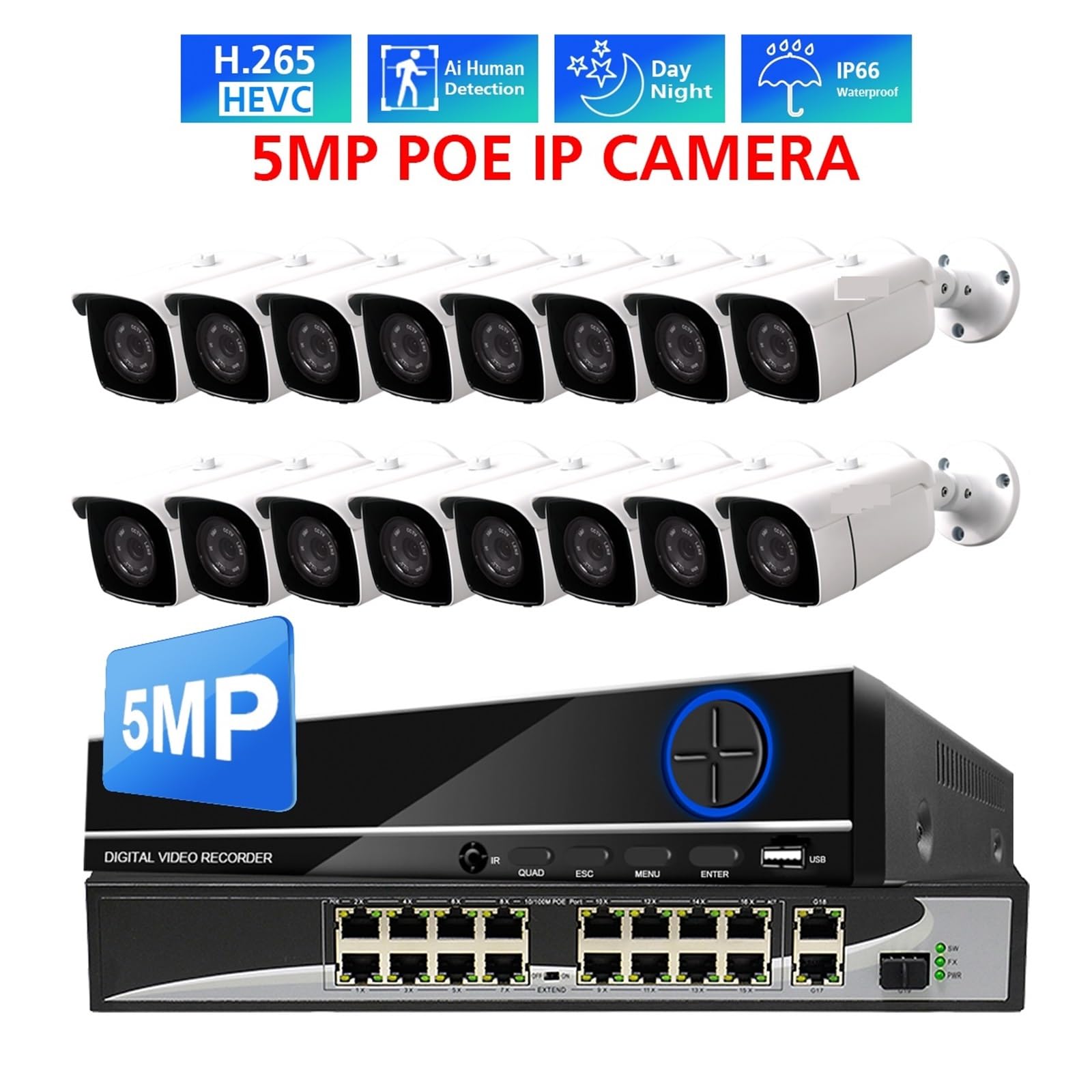 Zestaw NVR H.265+ 16 Kanałów 4K POE 5MP 4MP AI Wykrywanie Człowieka Bezpieczeństwo Nagrywanie Dźwięku Na Zewnątrz Kamera IP Do Monitoringu Wideo 4TB(4T,16 NVR x 8 PCS 4MP)