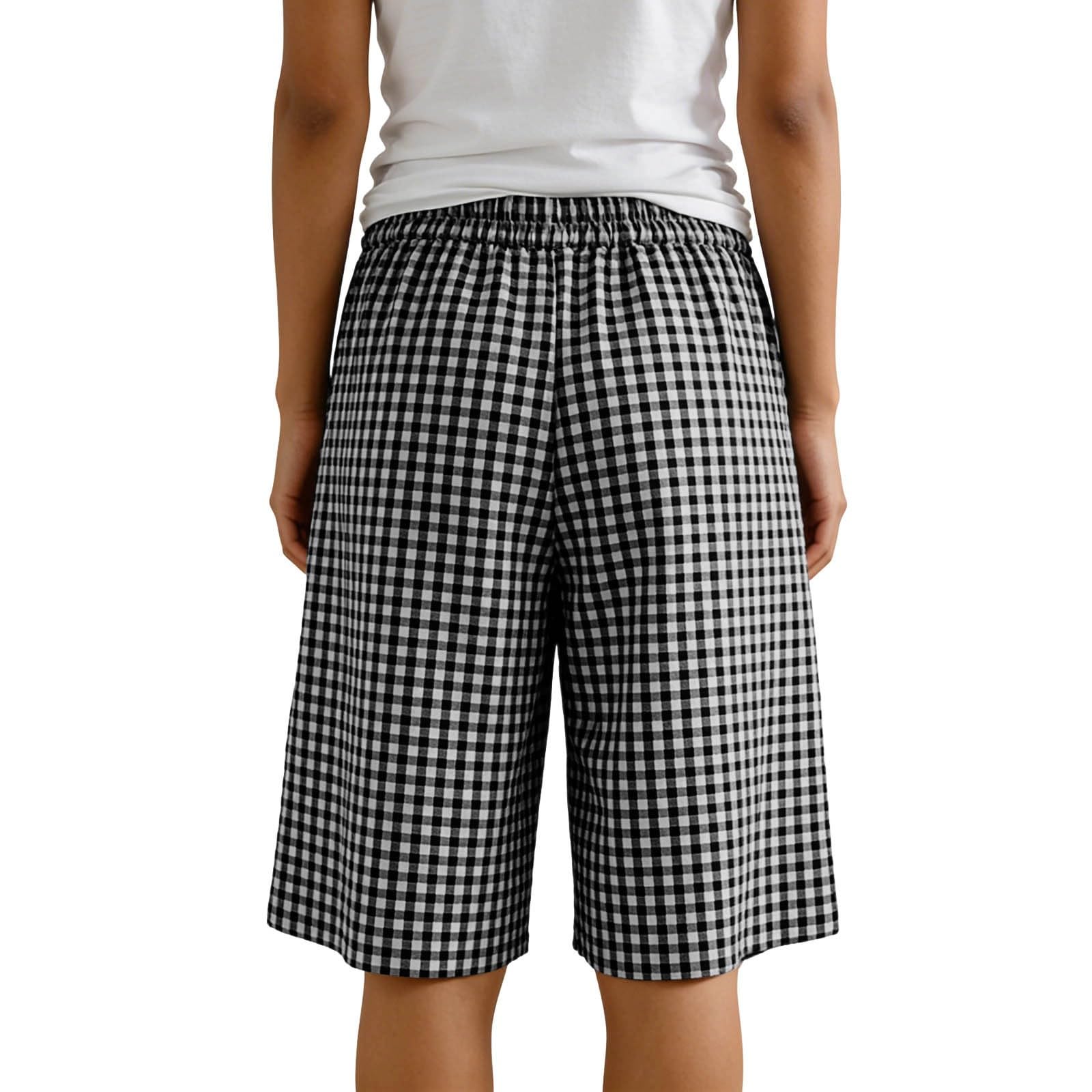 Short Long Vichy pour Femme avec Cordon De Serrage Taille élastique Short Large avec Poches Uni Coupe Ample Longueur Genou Bermuda D'été Décontracté pour Femme Coton