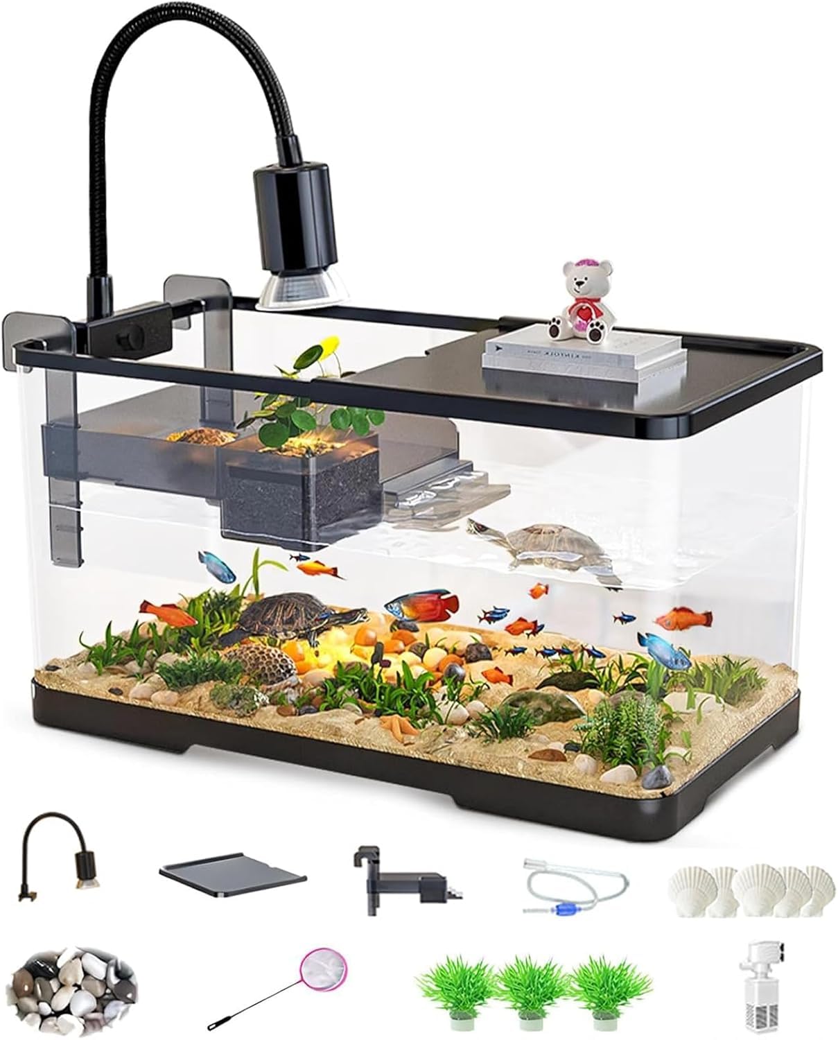 HomodoskeyFish Aquarium Tank Ultra Clear, Turtle Tank Kit with Light and Filter, Turtle Box Starter Kit,Bottom Drainage, Multi-Function Areas for Turtles, Crabs, Fishes, Amphibians, Reptiles (L)