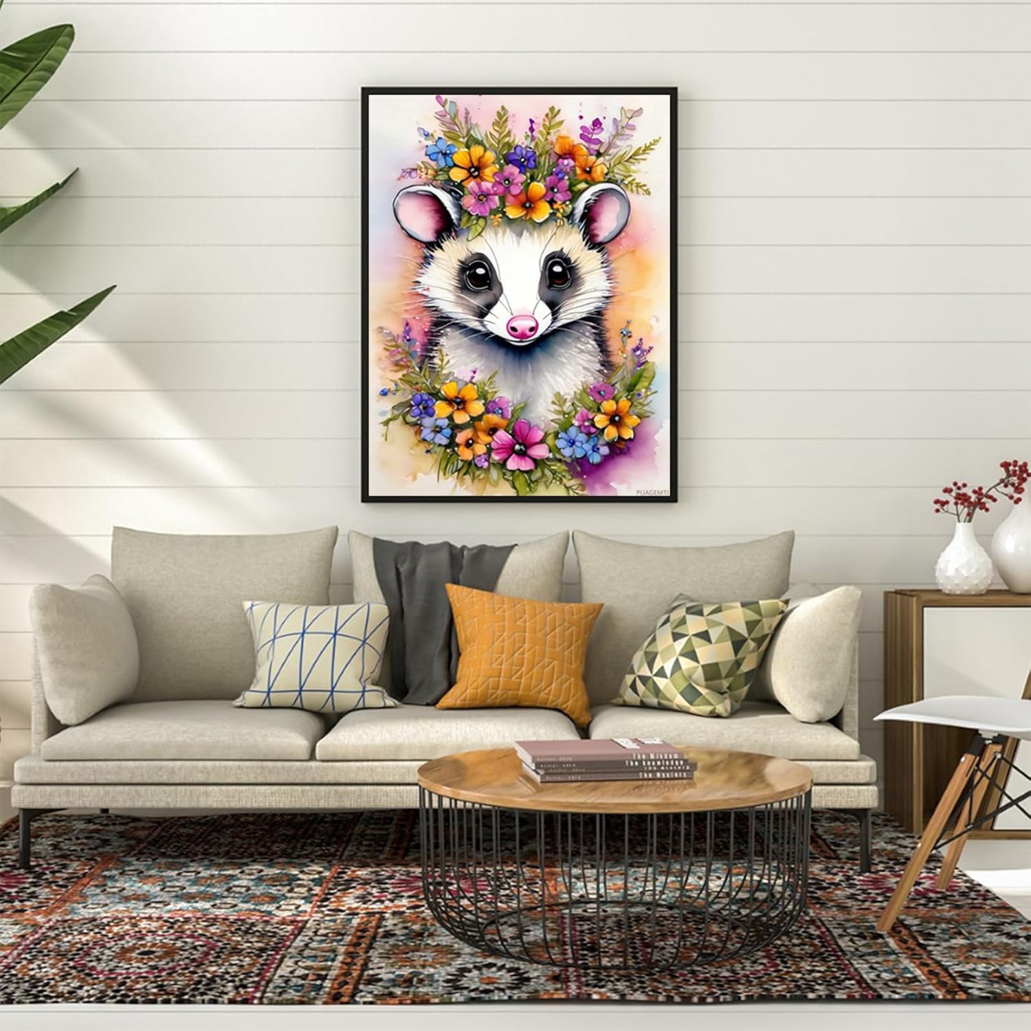 PUAGEMTI Diamond Painting Kits for Adult, DIY 5D Oil Art Diamond Art Kits, Animals with Garlands Full Drill Round Crystal Virginia Opossum Diamond Dots Art Crafts for Home Wall Decor 12x16inch