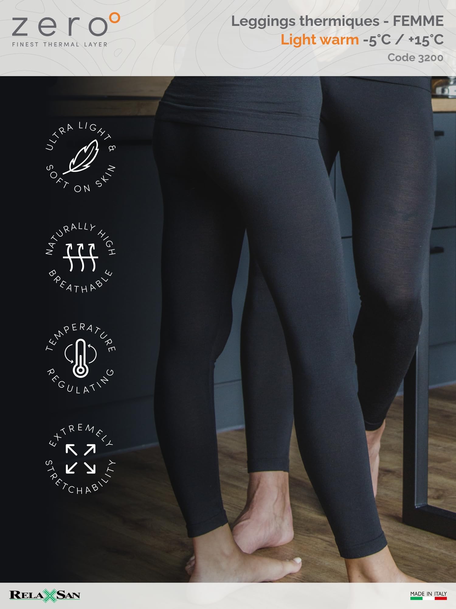 Relaxsan Zero 3200 – Pantalon Collant Thermique Femme caleçons Long sous-vêtements Respirant en Fibre Dryarn et Laine Mérinos