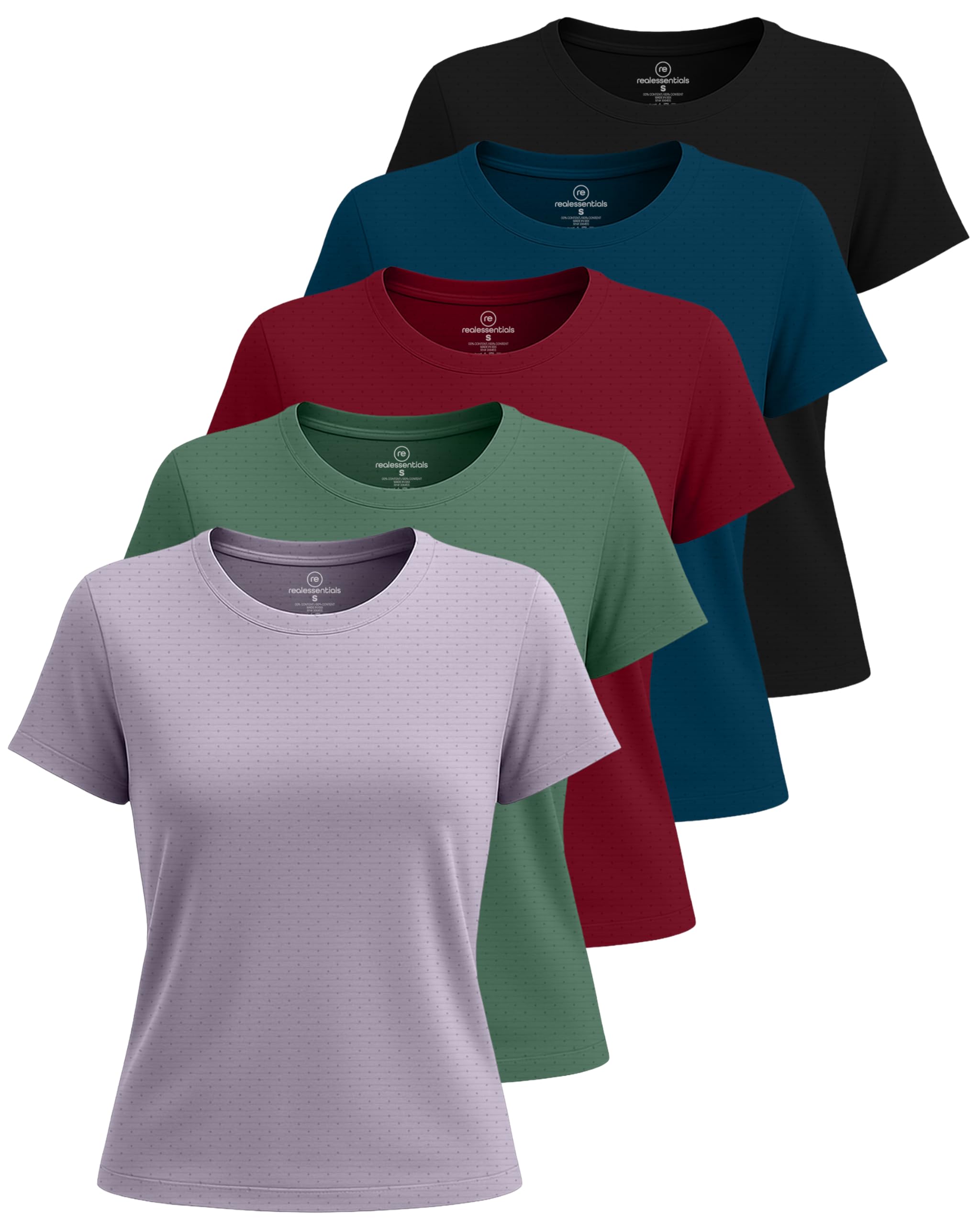 Real Essentials 5 Pack: Women's Breeze Tech Short Sleeve T-Shirts Athletic Tops Gym Workout Yoga Tennis Activewear (Plus)