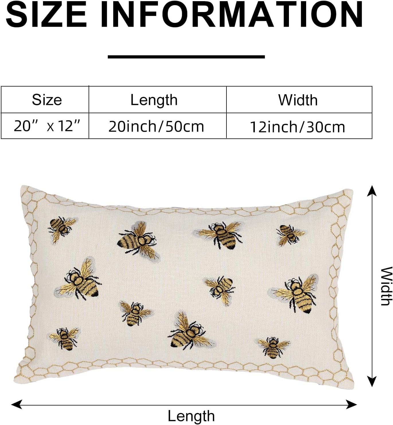 Honeycomb Throw Pillow Cover 12x 20, Gold Embroidered Bumble Lumbar Linen Pillow Cushion Case, Bee Farmhouse Home Decor for Outdoor Couch Bedroom Car