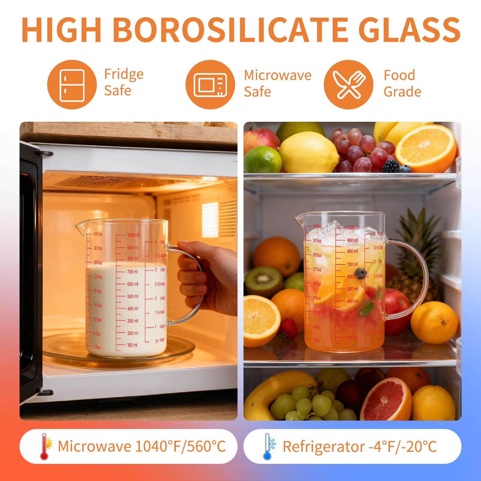 Luvan Szklany kubek miarowy 1000 ml/4 filiżanki/34 oz, z uchwytem i dzióbkiem w kształcie litery V, idealny do mieszania i gotowania, bezpieczny do zmywarki/zamrażarki/kuchenki mikrofalowej