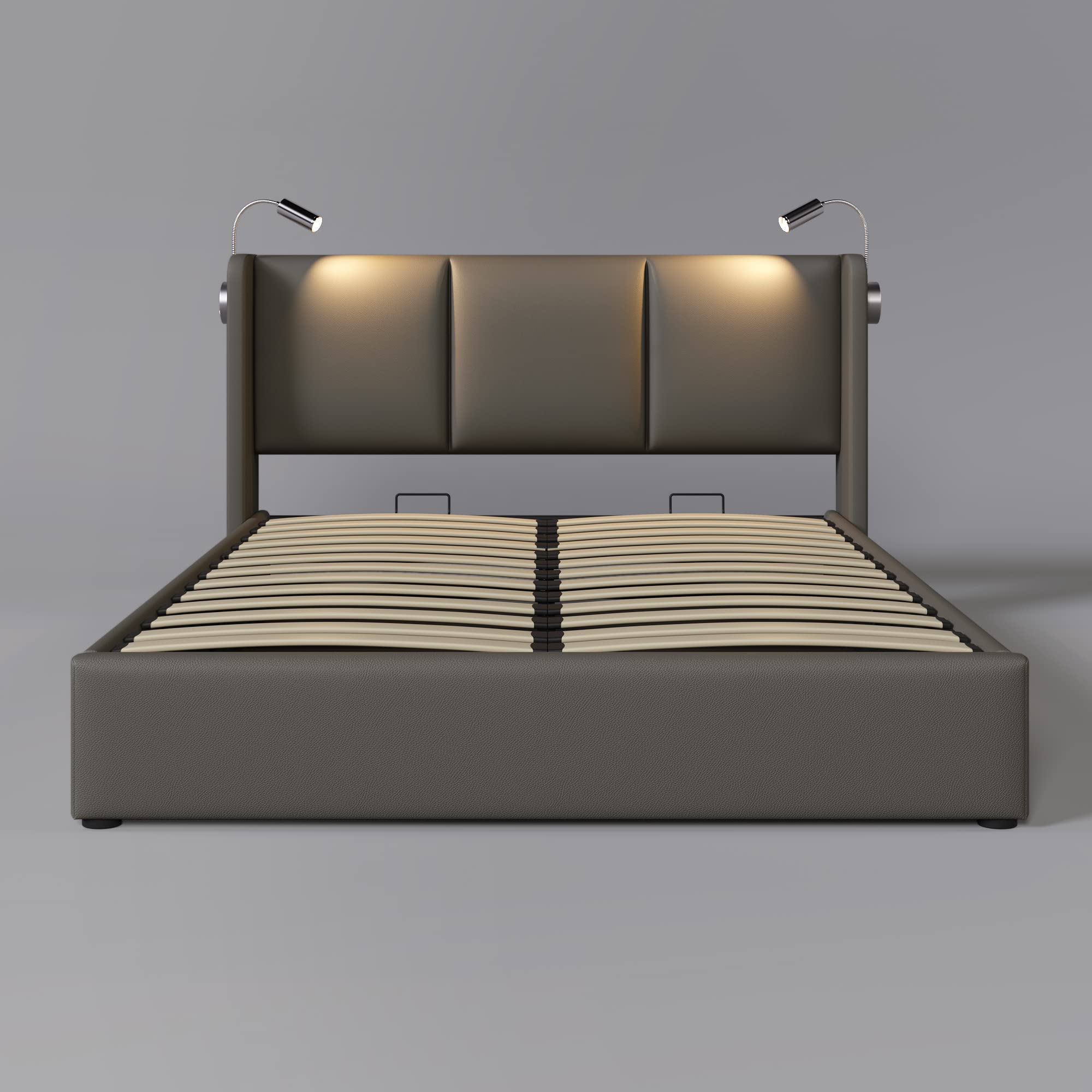 Letto imbottito idraulico testiera con funzione di ricarica USB luce lettura letti matrimoniale giroletto con rete a doghe letti contenitore box per adulti per ospiti grigio senza materasso 160x200