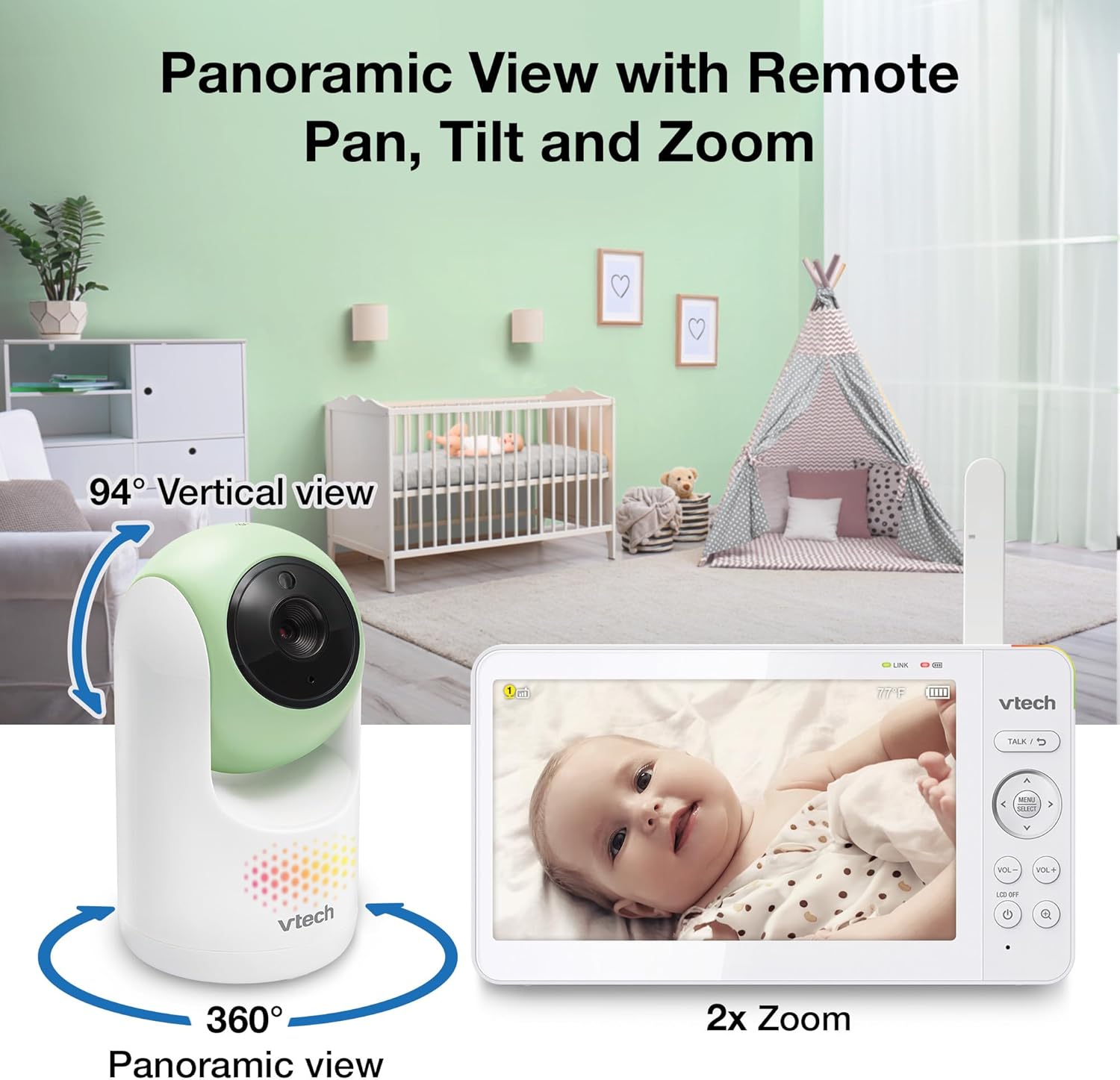 VTech Video Baby Monitor with 7" Color LCD Screen, Rechargeable Battery, Baby Monitor with Camera and Audio, Pan-Tilt-Zoom, No WiFi, Touch Multi-Color Night Light, 2-Way Talk, Advanced Max Green