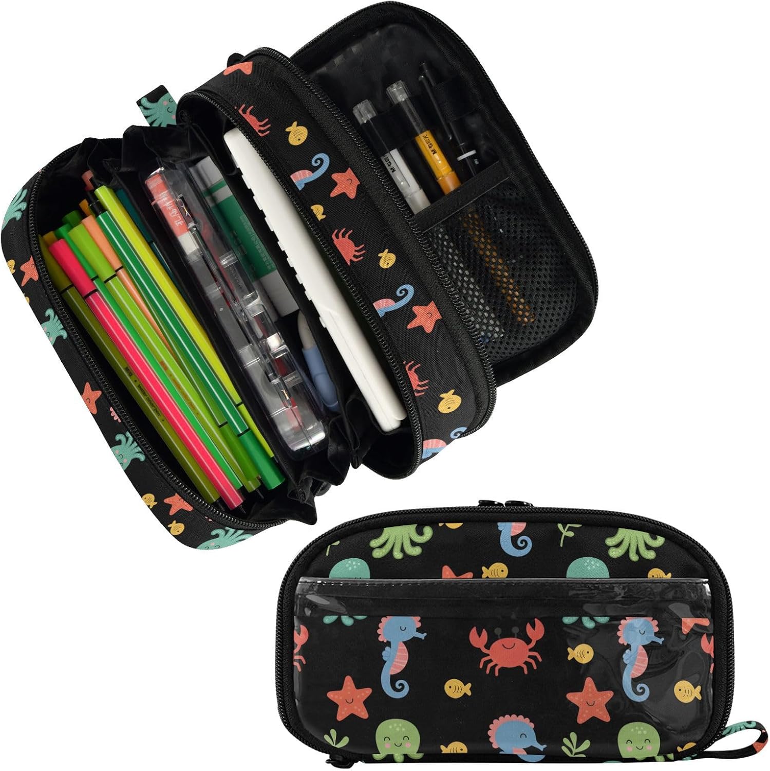 ALAZA Octopus Seahorse Crab Fish Large Capacity Pencil Case, Aesthetic Stationery Organizer Bag with Clear PVC Window, High Capacity Pen Pouch with Dividers for School Office Travel image 2