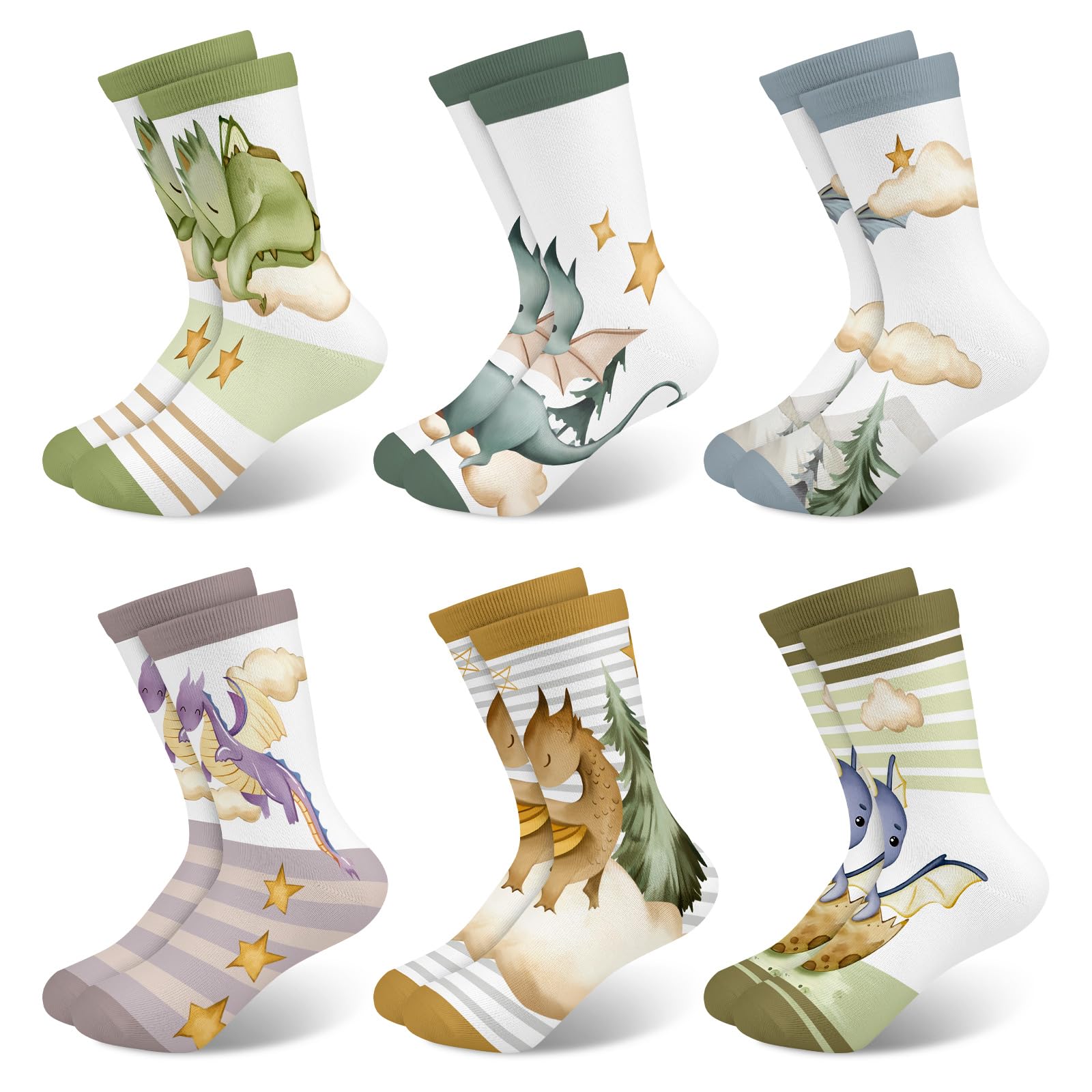 Queenshin Schulkind Sneaker Socken Mädchen Kinder Fliegende Drachen Wolken Sterne Lustige Cartoon Motiv Neuheit Niedlich 6 Paar Geschenke 3-14 Jahre Größe 25-38 Atmungsaktiv Weich